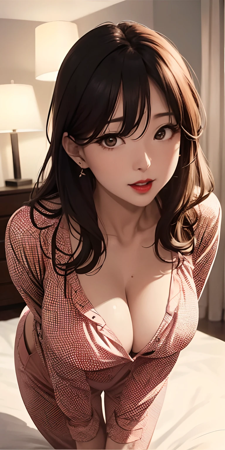 realisticlying、48-year-old girl in pajamas，，Cleavage emphasis，Blushing，Red lips，A sexy，Bedrooms，Open your mouth wide、Sexy Posing、Wearing underwear、I'm sweating