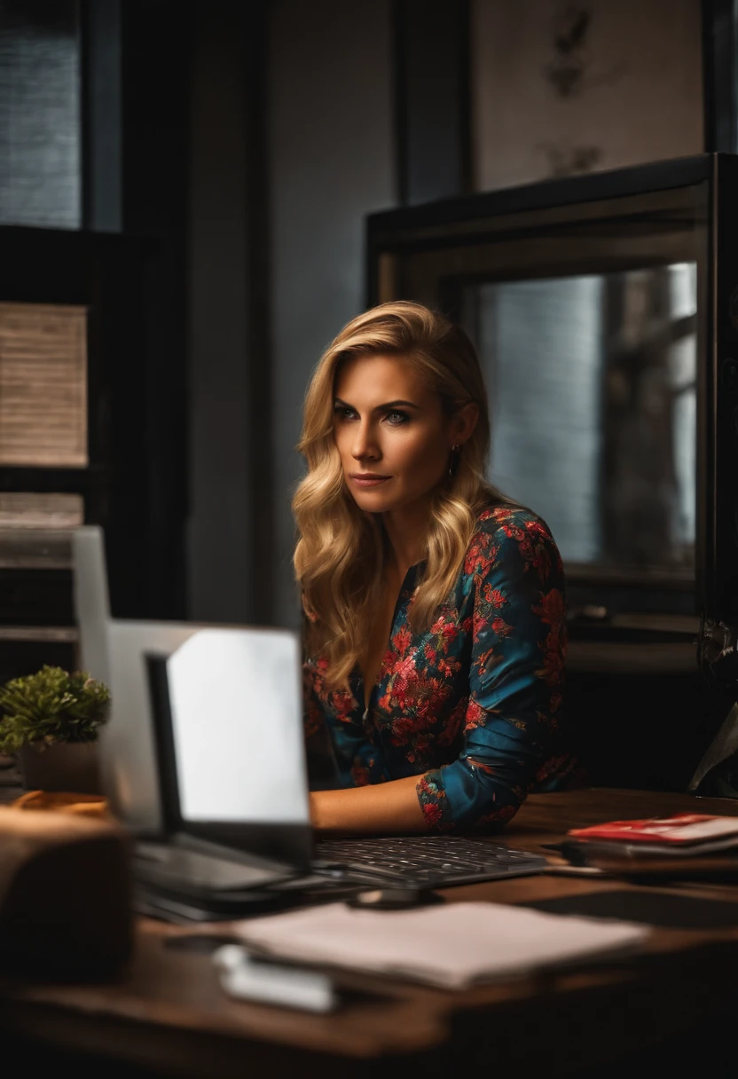 RUBIA FELIZ SENTADA EN UN ESCRITORIO AL FRENTE DE UN COMPUTADOR Y CON LA MANO DERECHA ARRIBA MOSTRANDO EXPRESION DE VICTORIA con fondo negro