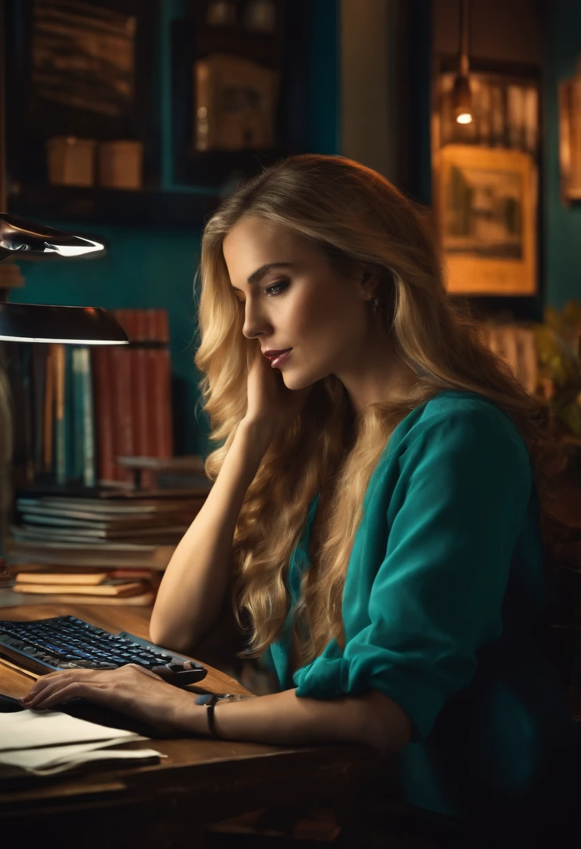 RUBIA FELIZ SENTADA EN UN ESCRITORIO AL FRENTE DE UN COMPUTADOR Y CON LA MANO DERECHA ARRIBA MOSTRANDO EXPRESION DE VICTORIA con fondo negro