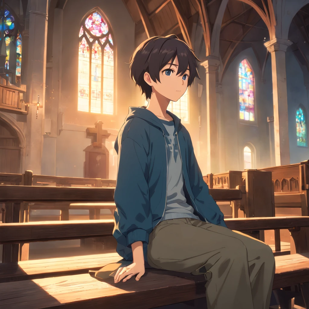 (best quality,Realistic:1.37),Escuro, Dirty-looking young man sitting in an old abandoned church, detailed face expression,atmosfera empoeirada,ambiente assustador,Solemn and sinister illumination,vitrais,crumbling walls,trepadeiras e musgo crescidos,decaying wooden benches,artefatos religiosos negligenciados,velas levemente acesas,Haunting silence,A sense of desolation and mystery,Haunted spiritual presence,gothic architecture,Shadows Dramatic,remnants of religious iconography
