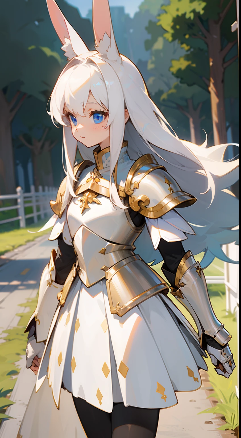 1rabbit girl,(small),solo,white hair,Long rabbit ear,blue eyes,long hair,white blouse,white skirt,gold armor shoulder pads,knight,masterpiece,best face,detailed face,innocent face,walking in rural road,neutral face,(black pantyhose)