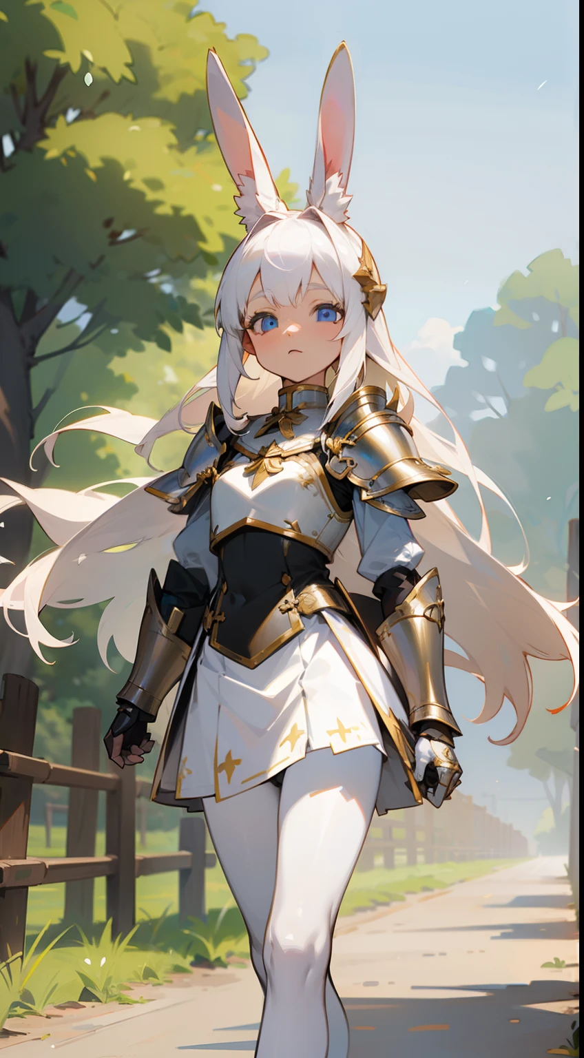 1rabbit girl,(small),solo,white hair,Long rabbit ear,blue eyes,long hair,white blouse,white skirt,gold armor shoulder pads,knight,masterpiece,best face,detailed face,innocent face,walking in rural road,neutral face,(black pantyhose)