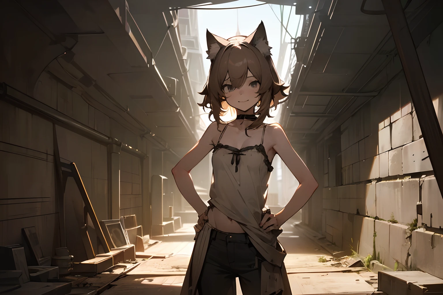 ((masuter piece, super detail)), in 8K, cinematic lighting、(Very unkempt hair, Entrance to the stone dark tunnel、Standing with hands on his hip), (exposed breast, Tattered and dirty white camisole, Slender small breasts, a smile) Slum cityscape, Textured skin, Cat ears, Pale brown hair, Cute Beautiful Girl
