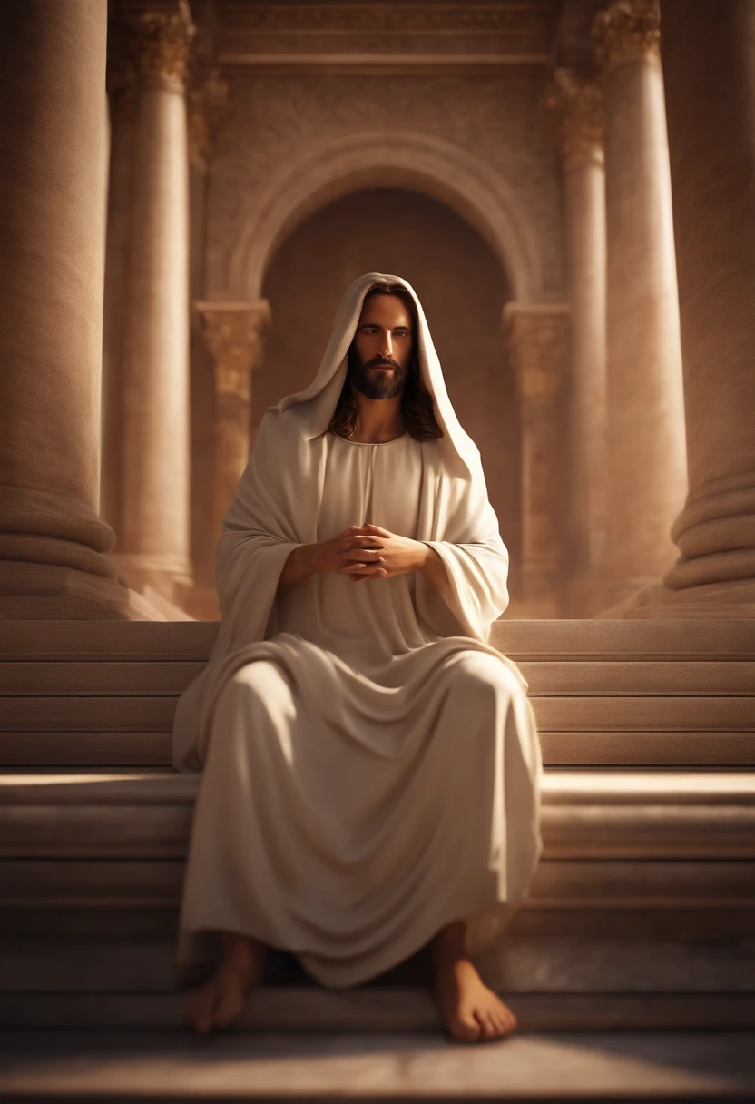 Draw a portrait of Jesus Christ, looking at the camera, very detailed. Inside the Temple, 12K, High Quality, HD, Octane Rendering, Cinematic Lighting