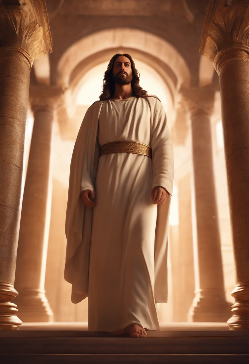 Draw a portrait of Jesus Christ, looking at the camera, very detailed. Inside the Temple, 12K, High Quality, HD, Octane Rendering, Cinematic Lighting