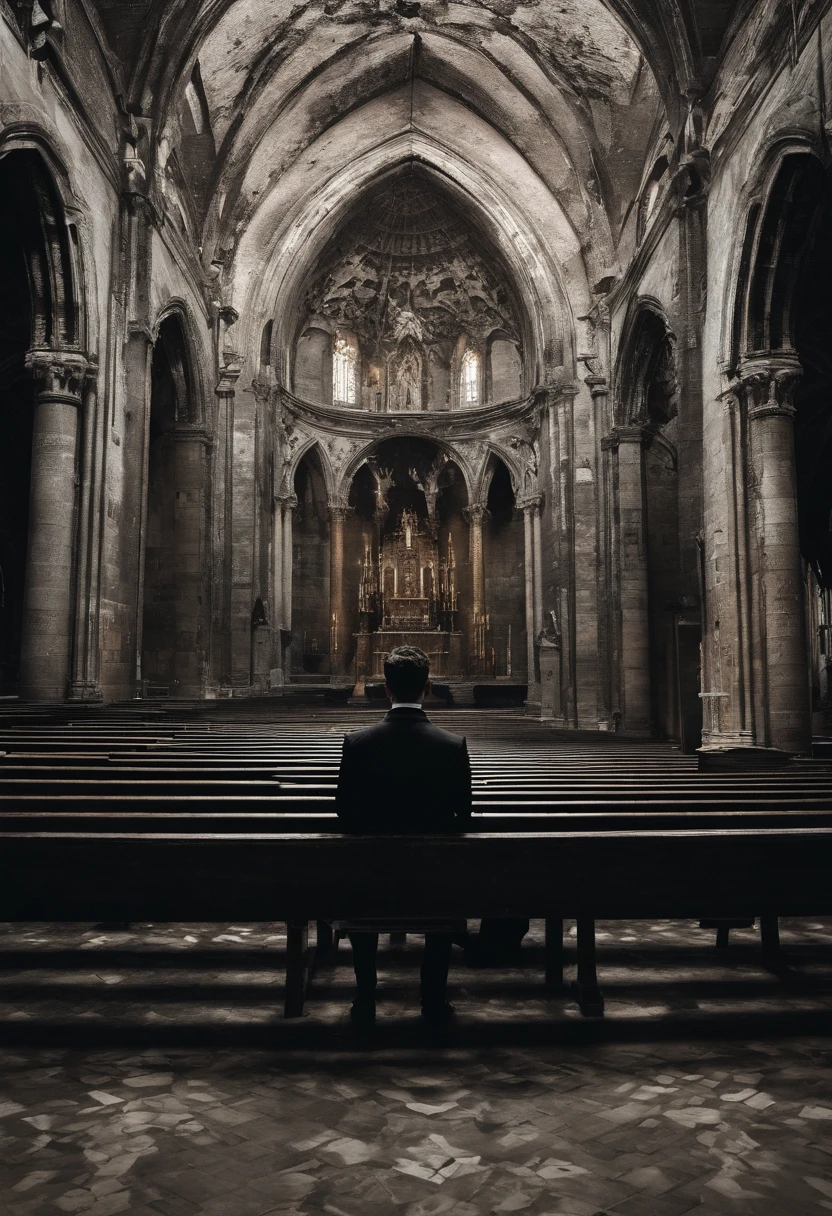 (best quality,Realistic:1.37),Escuro, Dirty-looking young man sitting in an old abandoned church, detailed face expression,atmosfera empoeirada,ambiente assustador,Solemn and sinister illumination,vitrais,crumbling walls,trepadeiras e musgo crescidos,decaying wooden benches,artefatos religiosos negligenciados,velas levemente acesas,Haunting silence,A sense of desolation and mystery,Haunted spiritual presence,gothic architecture,Shadows Dramatic,remnants of religious iconography