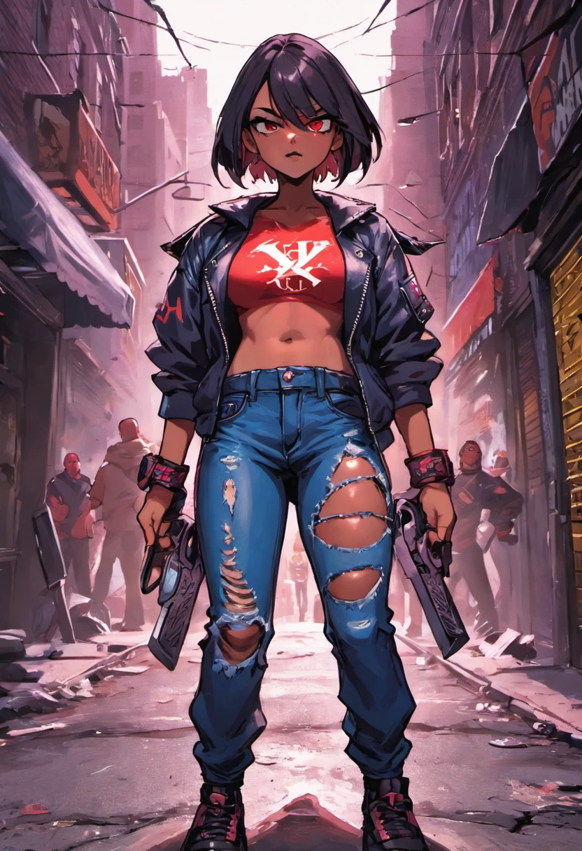 dark feeling,Upper body perspective,A woman who is,jaqueta de couro,A t-shirt with an open belly button,denim pant,(Dagger in hand:1.25),(Dilapidated New York streets:1.2)