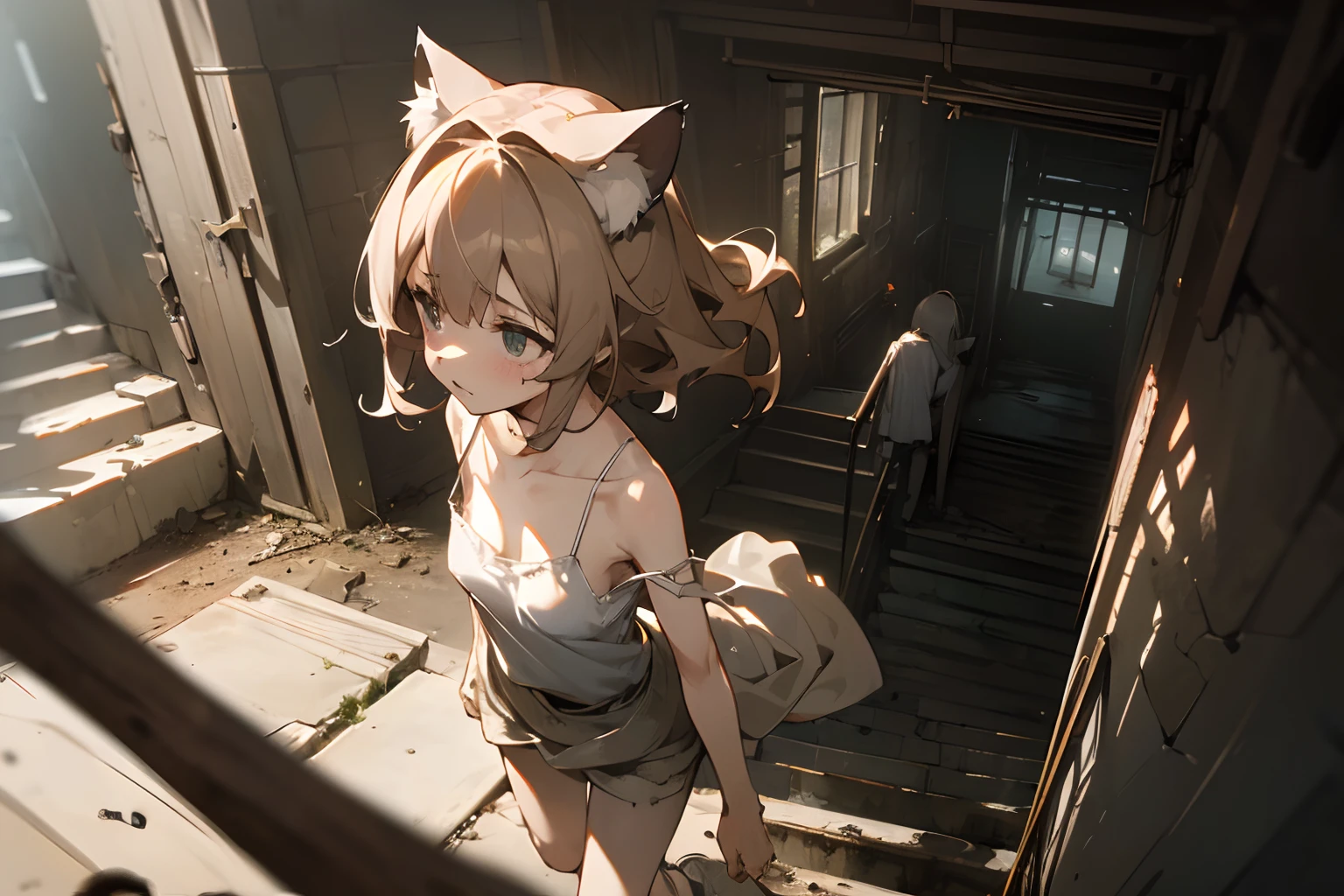 ((masuter piece, super detail)), in 8K, from behind and above, cinematic lighting、(Very unkempt hair, walking slowly), (exposed breast, Tattered and dirty white camisole, Slender small breasts, Tense face) Slum cityscape, Textured skin, Cat ears, Pale brown hair, Cute Beautiful Girl、Dark stone tunnel、Stairs leading down、