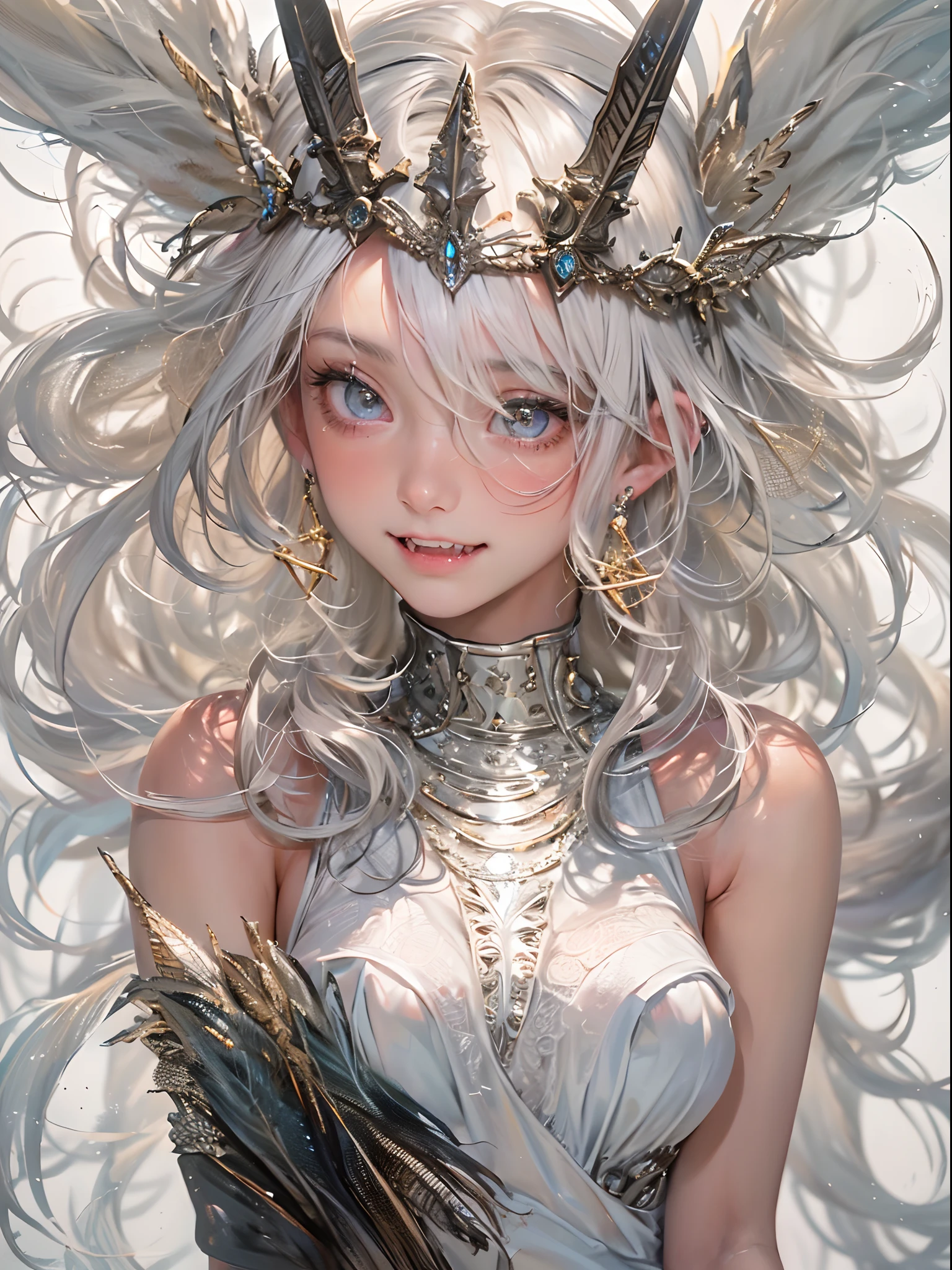 a girl like doll with angel wings, archangel, elf ear, facing the front, nearly naked, thin body, skinny, small breasts, tiny tits, princess crown, dragon horn, looking up at camera, (no hands),(Highest quality authentic textured skin),(abyssal),(Fine, Round, Symmetrical eyes),Delicate facial features,(Burning bright and cold eyes), very slim and thin body, naked, nude, (She has a mischievous smile on her face),(Her face is gentle and beautiful),Glass earrings on the ears,,(Blonde hair),(silvery white hair),(Dramatic photo:1.4),(dramatic pose),(flamboyant photo), upturned eyes, upward glance, A messy painting，(Hair flows in air:2.0),(Vortices and tidal currents in the background),(Dramaticlight),(Magnificent scene),(Surrounded by beautiful feathers),Epic realism,Cinematic feeling,(high-density imaging review:1.5),(Soft color:1.2),Ultra detailed,Dramaticlight,(intricately details:1.1), complex background, sparkle background, fractal background,(mighty fangs:1.5)