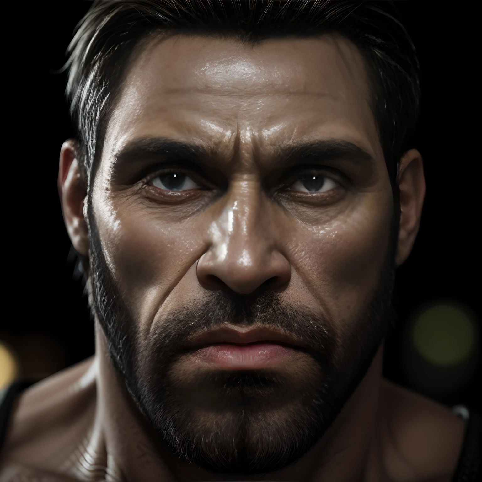 Cinematic lighting illuminates an incredibly detailed and ultra-realistic Neanderthal, ojos verdes, Sharp , bien detallados, super strong, muscular, cejas gruesas, barba, Looking at the camera, ojos agudos , Estilo ArtStation. Octane is the perfect tool to capture the softest details of this masterpiece of 16k photography