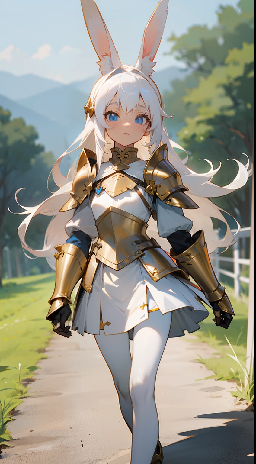 1rabbit girl,(small),solo,white hair,Long rabbit ear,blue eyes,long hair,white blouse,white skirt,gold armor shoulder pads,knight,masterpiece,best face,detailed face,innocent face,walking in rural road,neutral face,(black pantyhose)