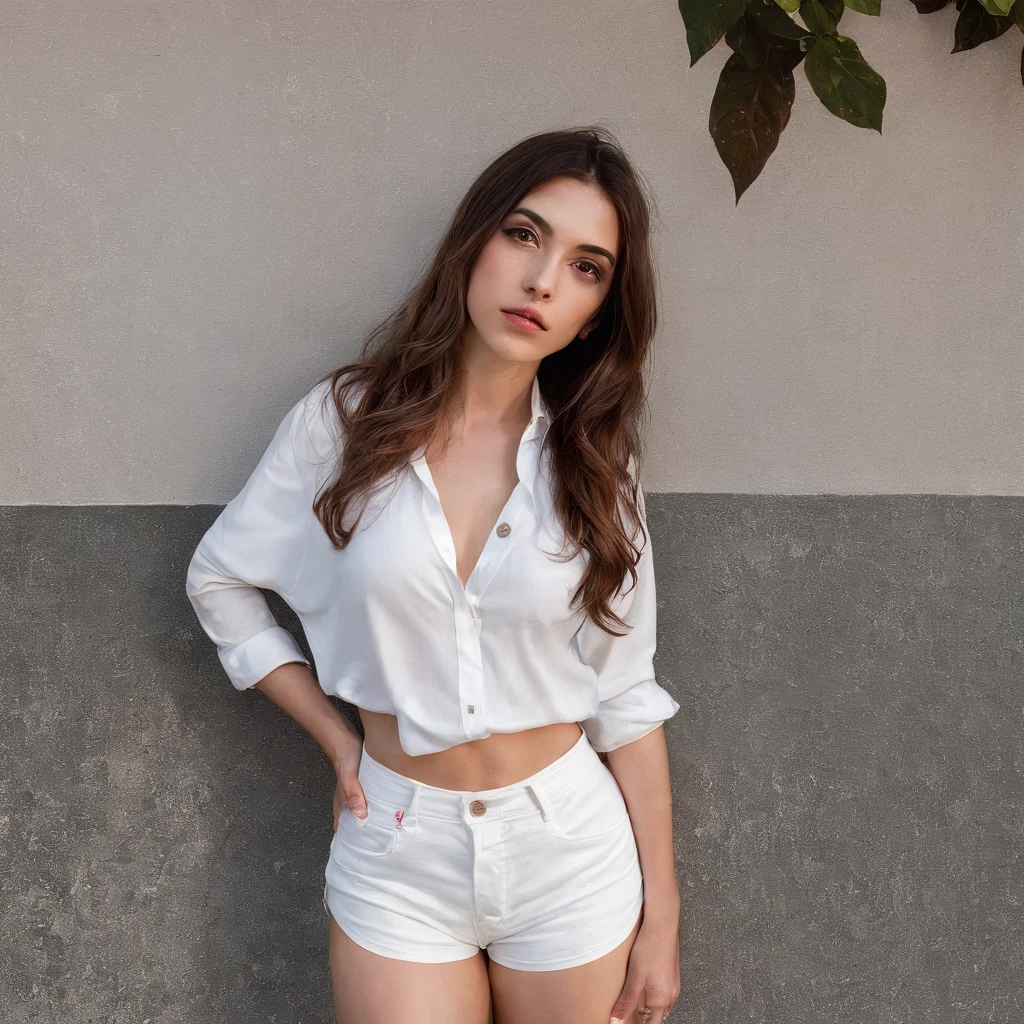 Beautiful woman in shorts and blouses, looking at the camera in love, Uhd Realism, Real photo