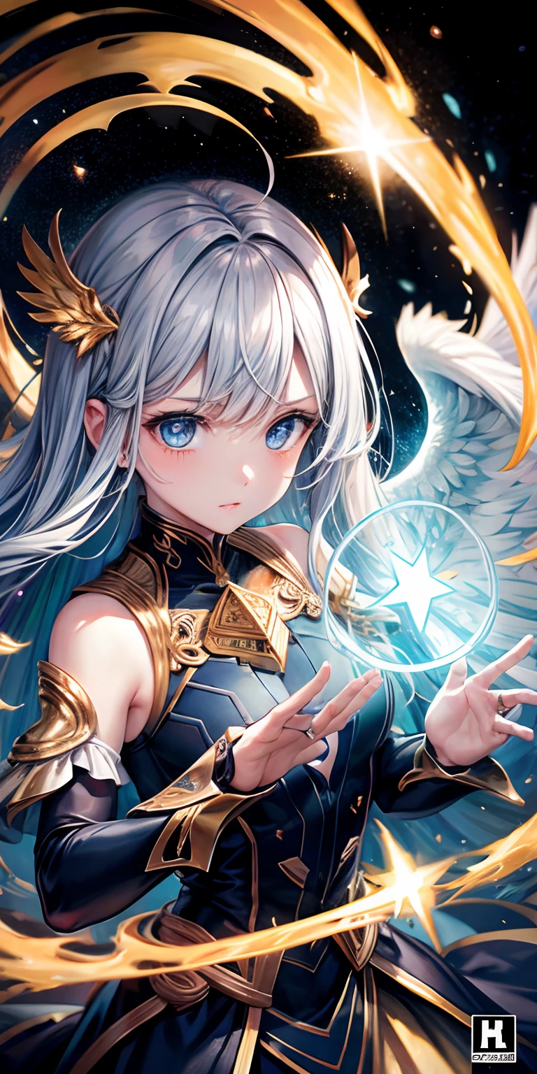 cosmic fallen angel, olhos claros brilhantes, Biomechanicals, estranho, assustador, Pesadelo, cores muito brilhantes, light particles, com luz brilhante, Mshiff, Arte do papel de parede, Papel de parede UHD, comic cover, ultra, fight, intest emotional face