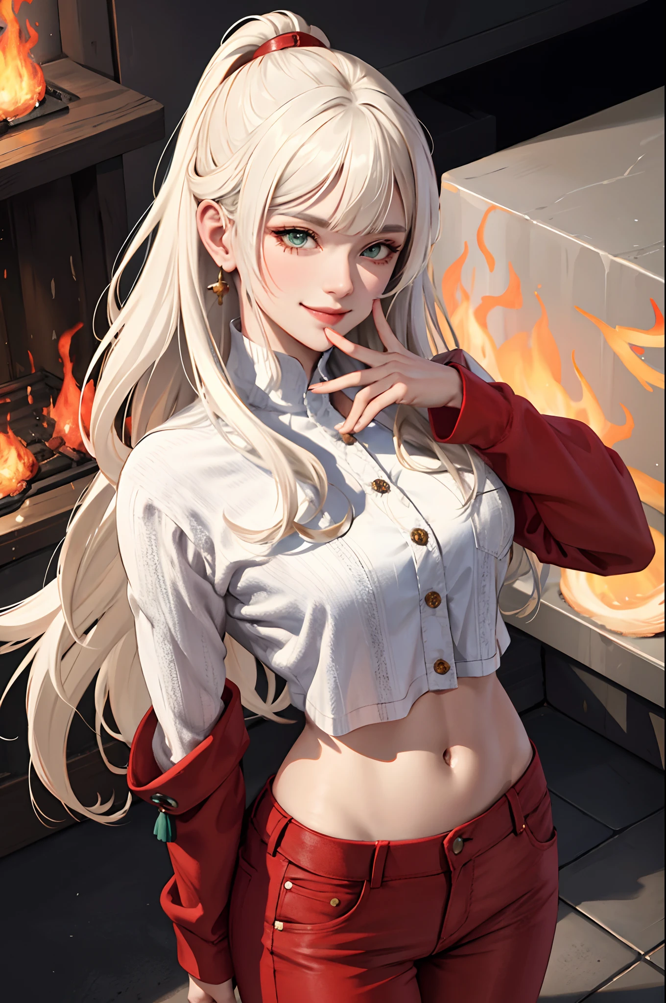 (masterpiece:1.2, best quality), (real picture, intricate details), 1lady, solo, upper body, casual, long hair, minimal makeup, natural fabrics, close-up face, smile, smiling, really long light platinum blonde hair, really long hair, bangs, voluminous hair, green eyes, fire nation clothing, red clothing, pants, top, fire nation pants, fire nation top, Korean bangs, cute bangs, mature face, 1adult, 1 female, 1 woman,