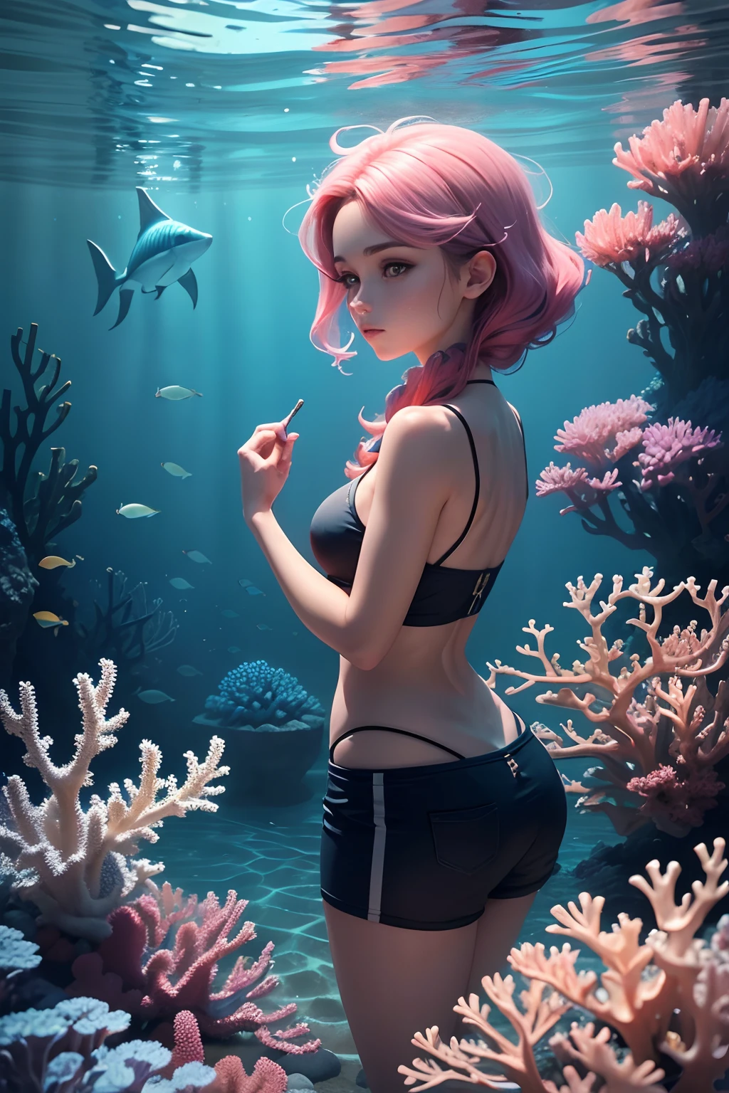 Arte conceitual da vida marinha, Paisagem submarina, Vida marinha，Beautiful coral reefs come in different forms, ..3d，, peixe, Animated female digital illustration. Longos cabelos brancos espalhados no mar, deriva, Muito harmonioso. Toda a pintura adota um estilo de pintura imaginativo. Colors are bright and saturated, com bolhas de agua e com linhas suaves. The mystery and beauty of the ocean, The painting depicts an underwater world full of life and vitality, Papel de parede animado 8 K, 3D