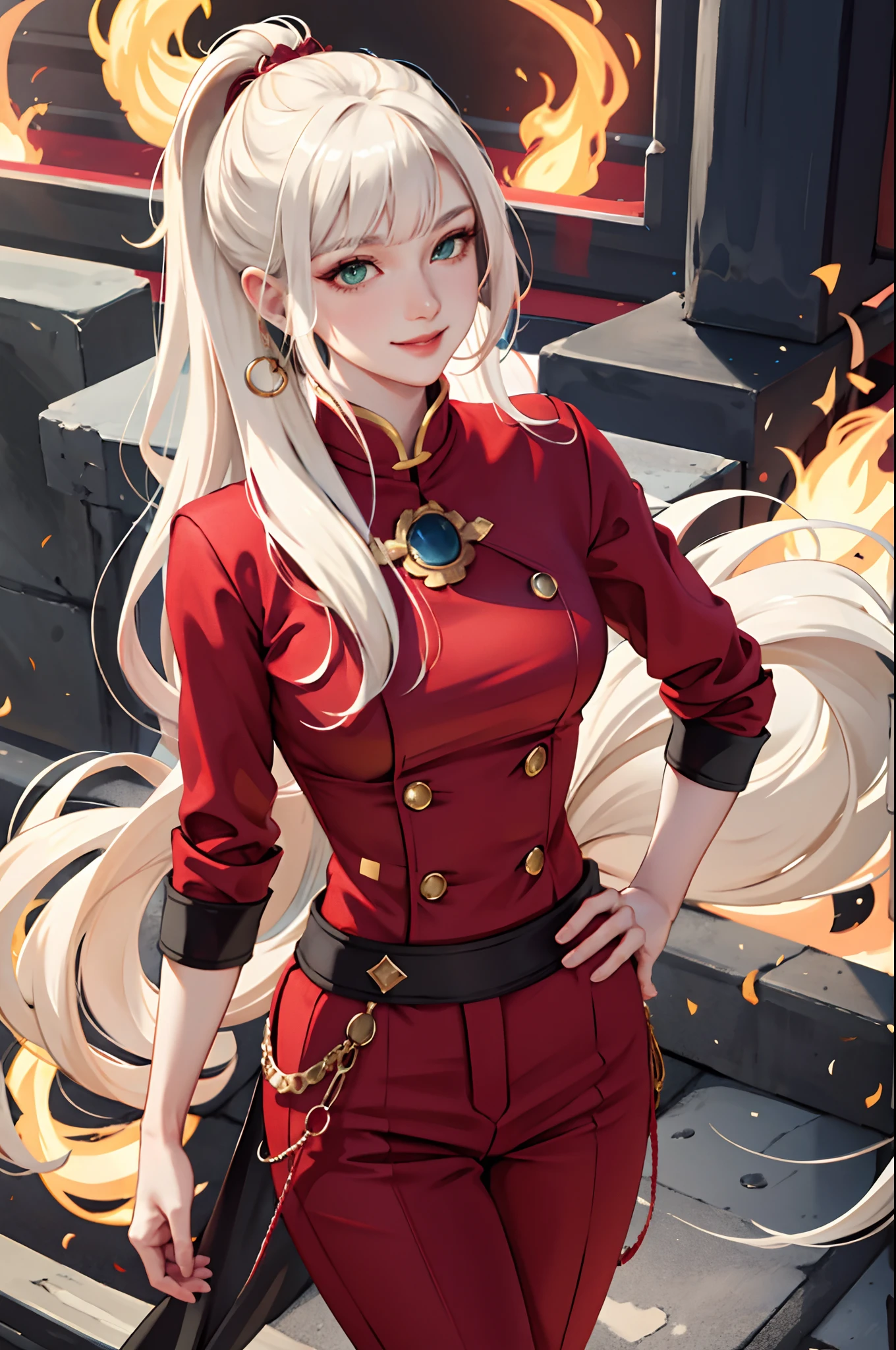 (masterpiece:1.2, best quality), (real picture, intricate details), 1lady, solo, upper body, casual, long hair, minimal makeup, natural fabrics, close-up face, smile, smiling, really long light platinum blonde hair, really long hair, bangs, voluminous hair, green eyes, fire nation clothing, red clothing, pants, top, fire nation pants, fire nation top, Korean bangs, cute bangs, mature face, 1adult, 1 female, 1 woman,
