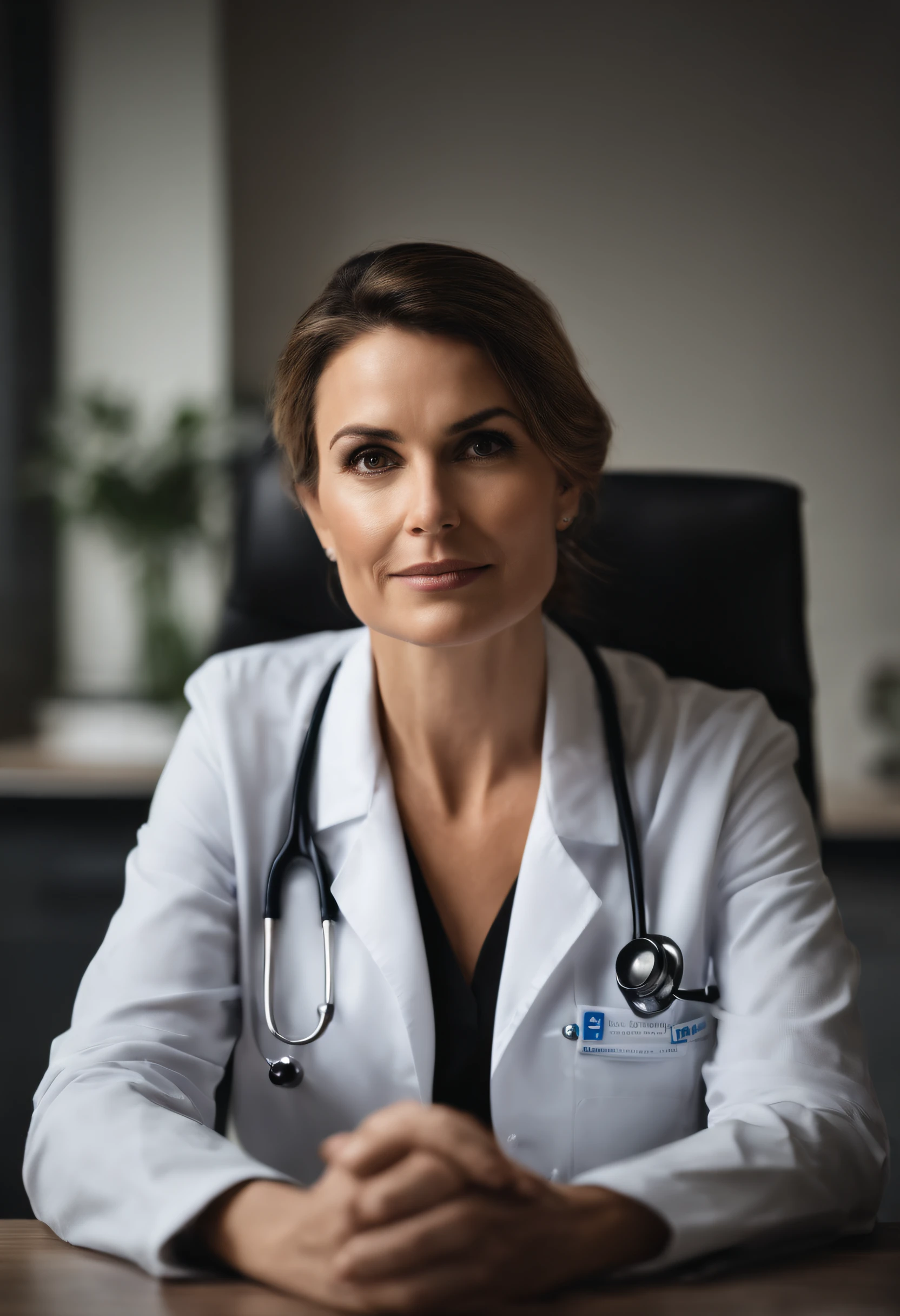 Portrait of a female doctor, medical, attractive, professional, experienced, clinical, 35yo, sitting at a work desk, concerned look on face, kind, caring, no hands in shot, no fingers or hands