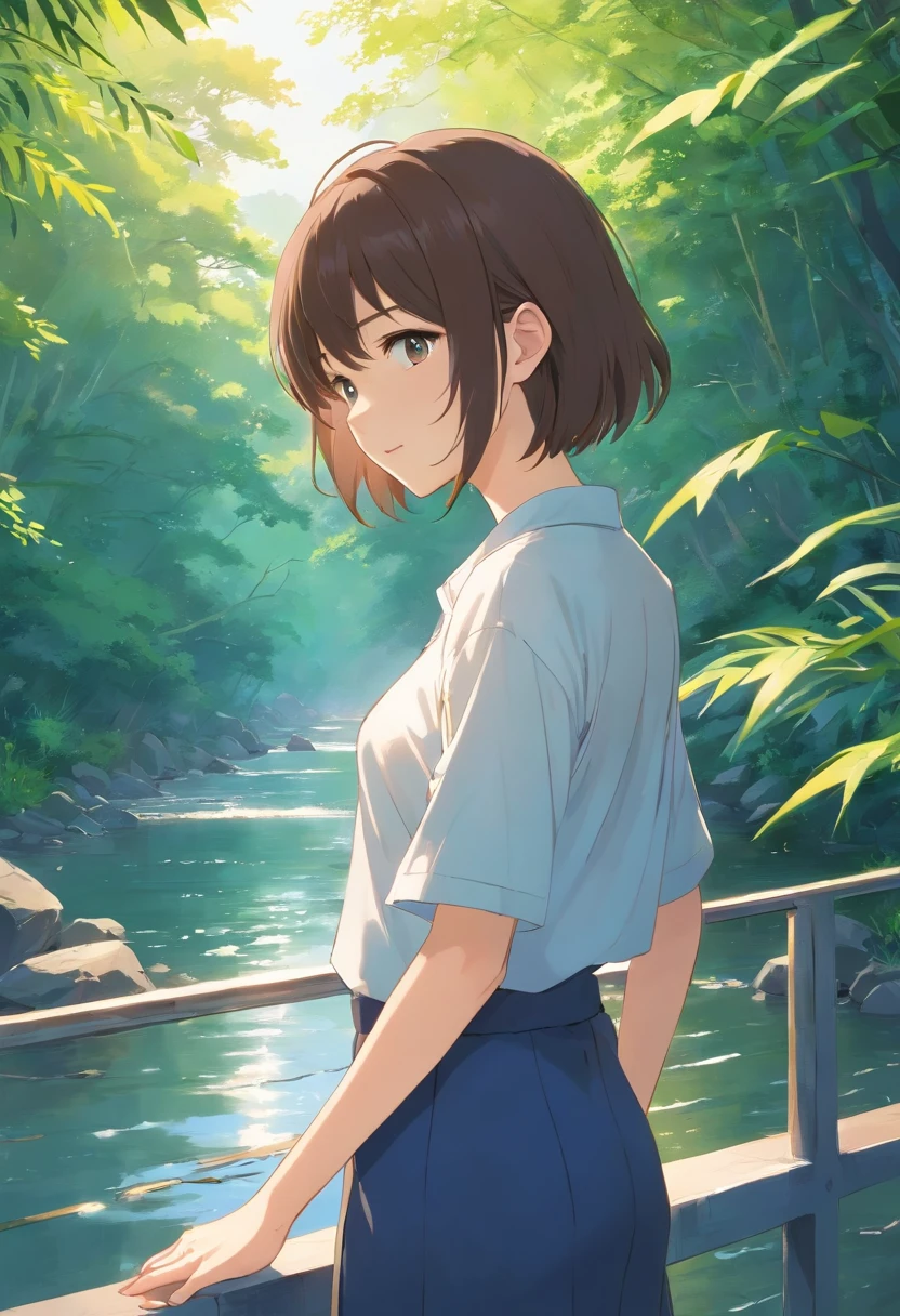 Create an AI-generated artwork in the style of Makoto Shinkai, known for his breathtaking landscapes and emotional depth. The artwork should focus on a single girl in a serene outdoor setting during the day.
The girl has medium-length hair and is standing on a bridge railing, looking down at the river below. She wears a loose-sleeved shirt and has characteristic sidelocks framing her face.
The scene is set by a peaceful riverbank, surrounded by lush greenery, reeds, and trees. The river flows gently over smooth rocks, creating a calming and reflective atmosphere. Ensure that the lighting and colors capture the essence of Shinkai's signature style, emphasizing the beauty of the natural scenery.