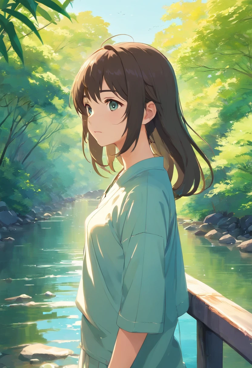 Create an AI-generated artwork in the style of Makoto Shinkai, known for his breathtaking landscapes and emotional depth. The artwork should focus on a single girl in a serene outdoor setting during the day.

The girl has medium-length hair and is standing on a bridge railing, looking down at the river below. She wears a loose-sleeved shirt and has characteristic sidelocks framing her face.

The scene is set by a peaceful riverbank, surrounded by lush greenery, reeds, and trees. The river flows gently over smooth rocks, creating a calming and reflective atmosphere. Ensure that the lighting and colors capture the essence of Shinkai's signature style, emphasizing the beauty of the natural scenery.