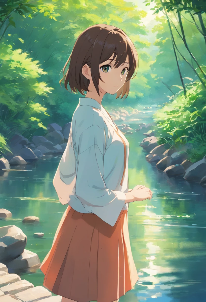 Create an AI-generated artwork in the style of Makoto Shinkai, known for his breathtaking landscapes and emotional depth. The artwork should focus on a single girl in a serene outdoor setting during the day.
The girl has medium-length hair and is standing on a bridge railing, looking down at the river below. She wears a loose-sleeved shirt and has characteristic sidelocks framing her face.
The scene is set by a peaceful riverbank, surrounded by lush greenery, reeds, and trees. The river flows gently over smooth rocks, creating a calming and reflective atmosphere. Ensure that the lighting and colors capture the essence of Shinkai's signature style, emphasizing the beauty of the natural scenery.