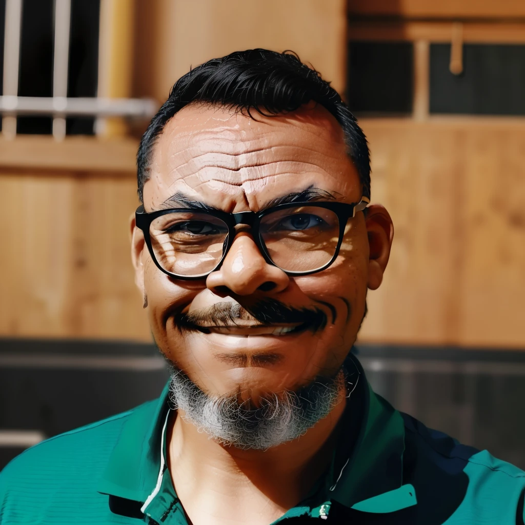 guttoepic2, Turn a photograph of a man from the shoulders up into an illustration ((estilo desenho animado 2D)). The man should be depicted wearing glasses, ((sorridente)), e vestido com uma camisa polo preta. Elimine o plano de fundo para criar uma limpeza, focused composition. Emphasize the cartoonish features of the subject's smile and attire, mantendo um senso de realismo.