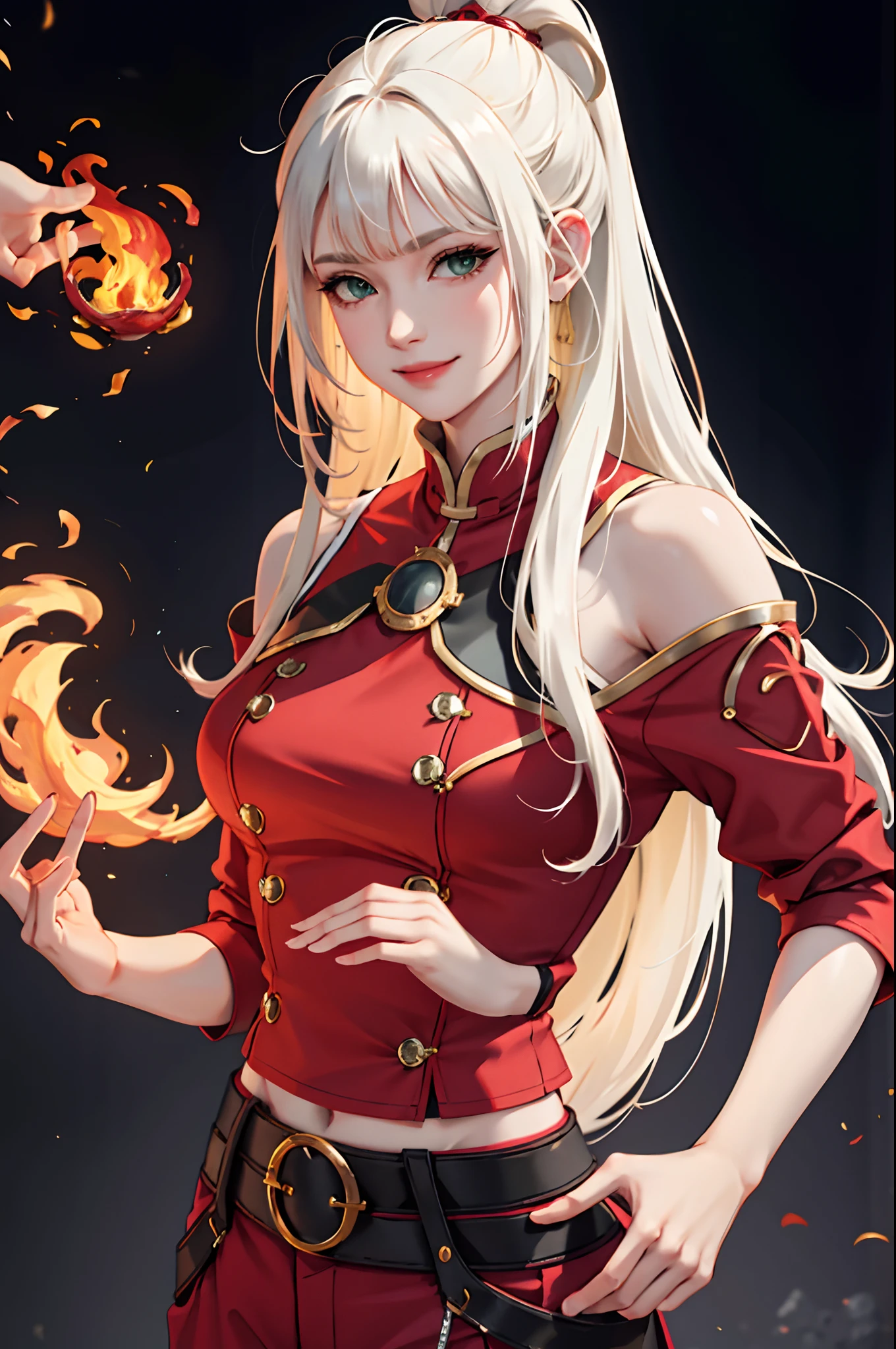 (masterpiece:1.2, best quality), (real picture, intricate details), 1lady, solo, upper body, casual, long hair, minimal makeup, natural fabrics, close-up face, smile, smiling, really long light platinum blonde hair, really long hair, bangs, voluminous hair, green eyes, fire nation clothing, red clothing, pants, top, fire nation pants, fire nation top, Korean bangs, cute bangs, mature face, 1adult, 1 female, 1 woman,
