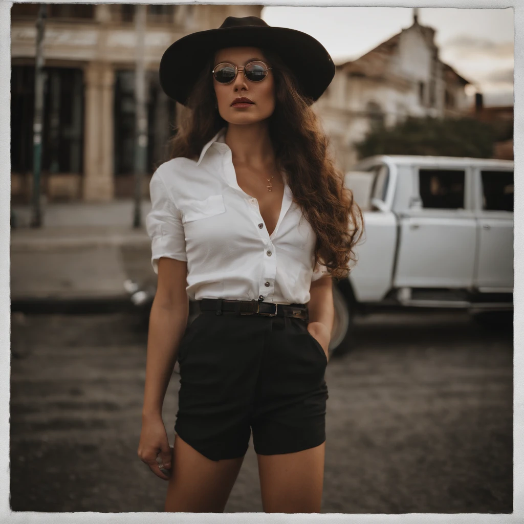 corpo inteiro, ,Photograph photo Wide angle closeup portrait of the body of a pale Spanish girl (Cabelo castanho estilo anos 90), (posing outside the mansion with luxury car:1.1), Crowded street with cafes in the distance, cold and dark sunset at dusk, fulgurar, brilho vermelho laranja, (luz da borda:1.1), (wearing stylish white shorts and button-down blouse:1.1) ligadura, (pequeno peito), (Hands behind your head), (foco nos olhos), angelic, rosto bonito, (olhar irritado), (luz dura na pele:1.2), (Sombras duras, Tema escuro, unilluminated light, fraca, Contraste profundo:1.1), (fotografia de retrato de Annie Liebovitz), Dark theme mint and choral aesthetics, (skin imperfections, sardas:0.4)