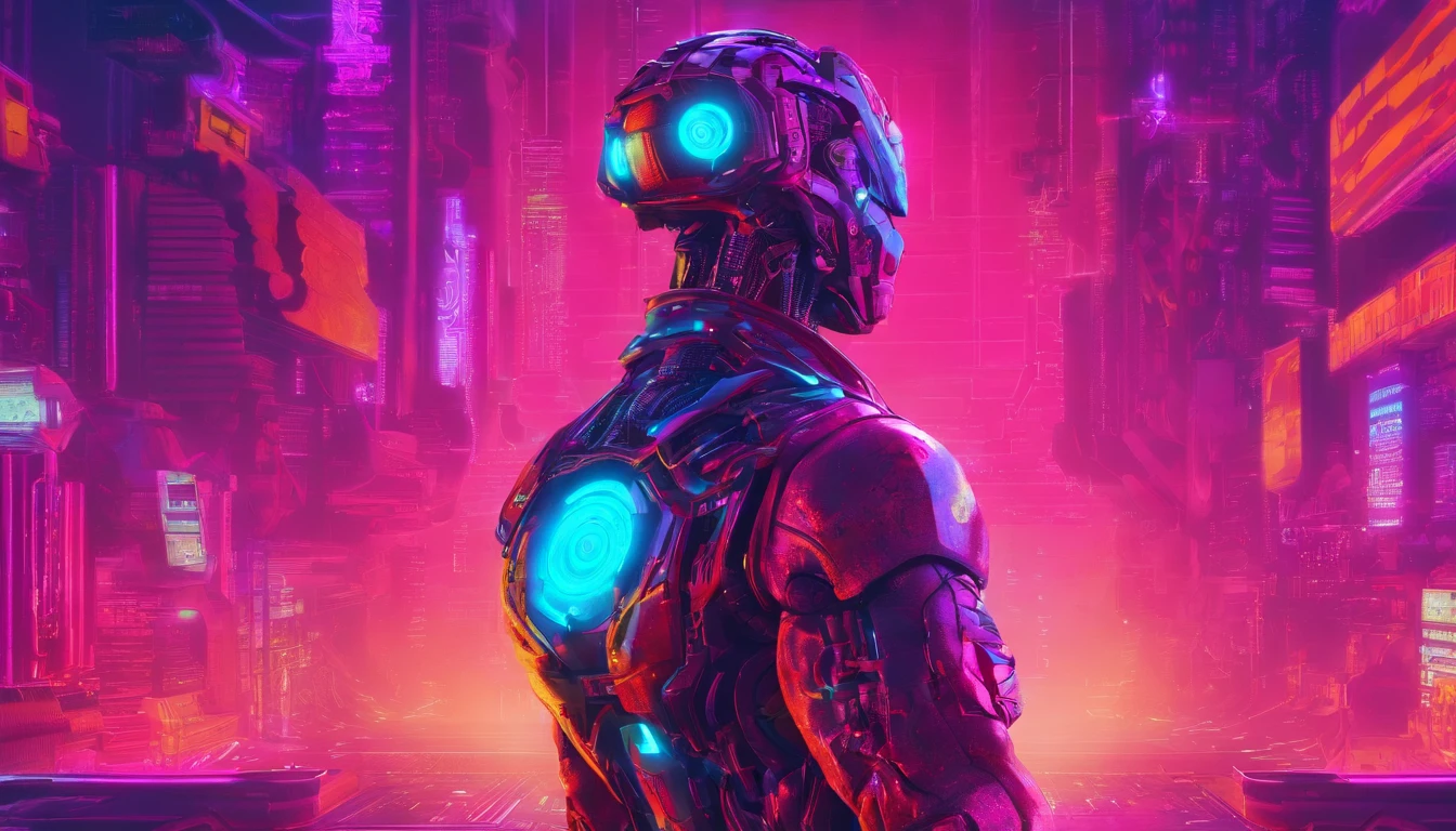 A male robot human in a futuristic technological setting, cores vivas, 4k, good design,