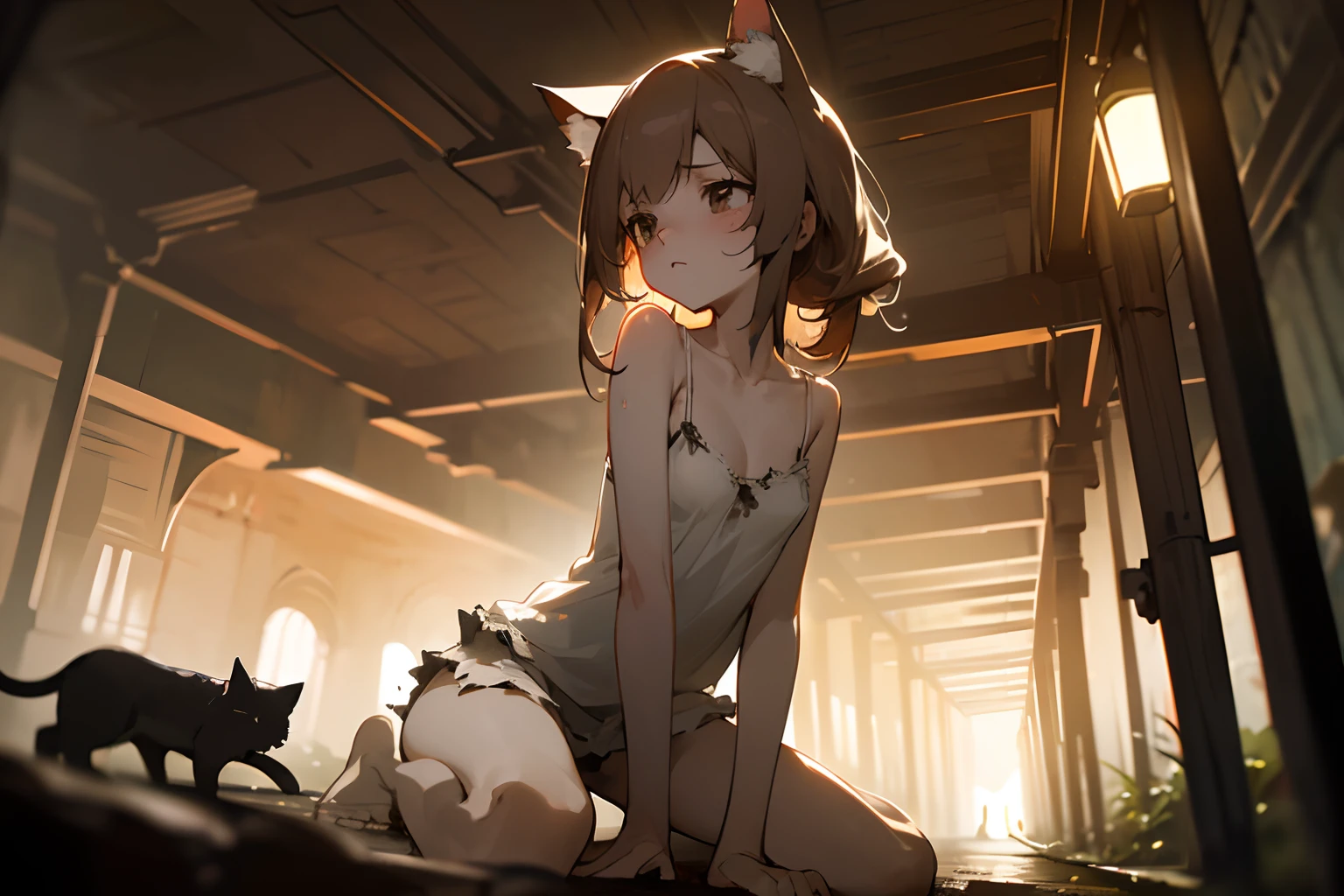 ((best quality)), in 8K, from below、bokeh,(Damp dark tunnel、Very unkempt hair, dim light), (exposed breast, Tattered and dirty white camisole, Slender small breasts、Tense face), Textured skin, Cat ears, Pale brown hair, Cute Beautiful Girl、Sit on the ground