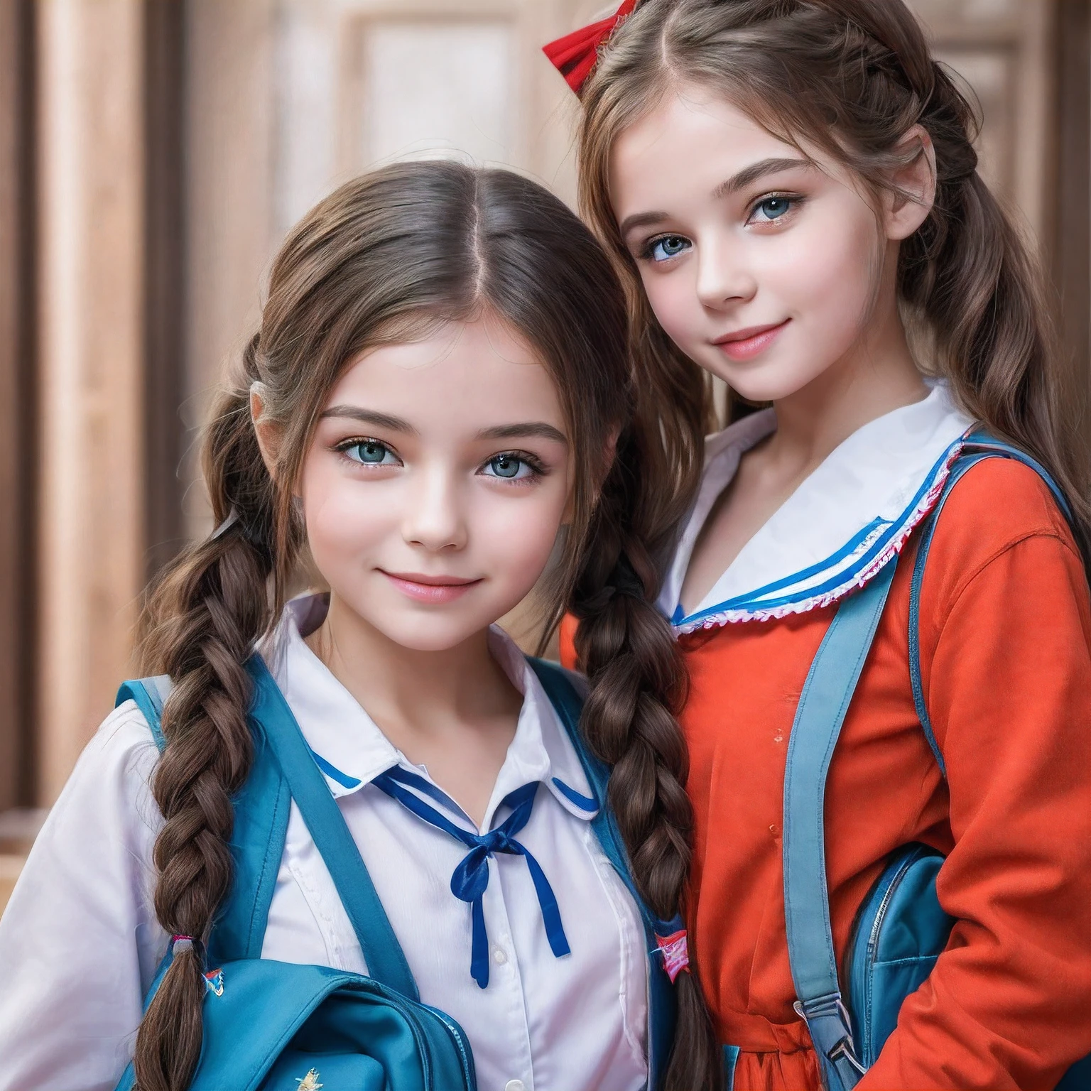 2 girl, 9 years old and 10 years old
They have Twin tail hairstyle and they  wearing sailor school uniform pink colour. 
On the classroom
Beautiful girl
Detailed eyes, detailed face and extreme detailed finger
Detailed all body from head into shoes