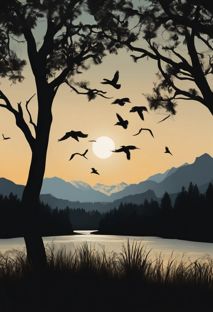 A mountain and tree silhouette with birds, created in a vector art style. The design is focused on realistic detailing, with an adventurecore theme. The brushwork is loose and free, mimicking the texture of wood. The image has a high level of realistic detail, resembling the aesthetics of Ferrania P30 film. Please generate the image without cropping, and exclude any mockup text.