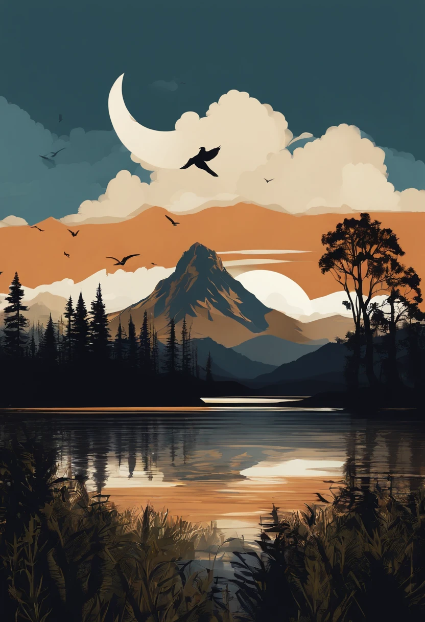 A mountain and tree silhouette with birds, created in a vector art style. The design is focused on realistic detailing, with an adventurecore theme. The brushwork is loose and free, mimicking the texture of wood. The image has a high level of realistic detail, resembling the aesthetics of Ferrania P30 film. Please generate the image without cropping, and exclude any mockup text.