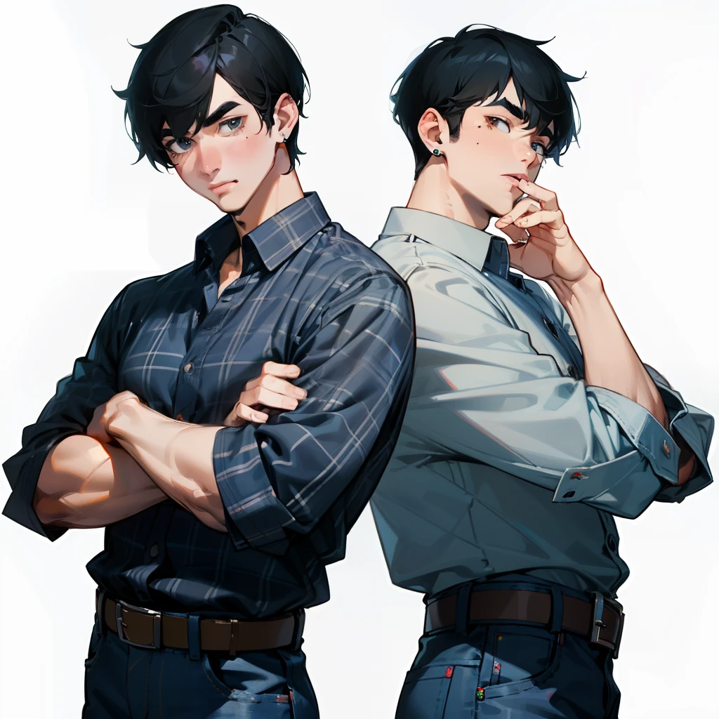 Two men, Black hair, Shirts, Blue plaid shirt, Men with short hair, Thick eyebrows, Big lips, White and light grey plaid shirt, To a man in a blue plaid shirt、Moles and earrings under the mouth, simple earrings, Belt bag, jeans, Shaped fingers, Beautiful fingers, straight arms、simple background