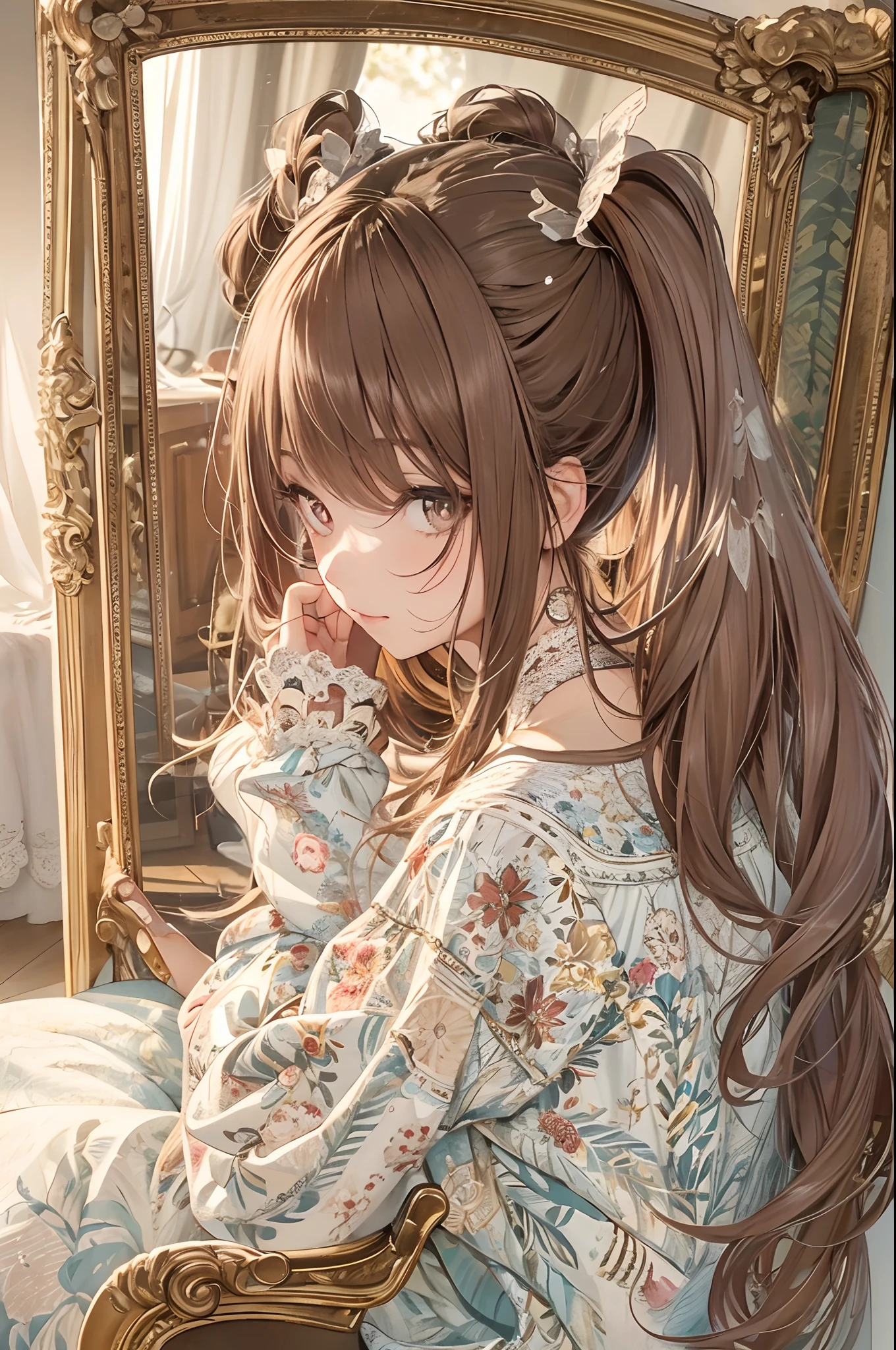((masterpiece)),( high quality), (very_high_resolution), large_filesize, full color,

she is sitting in a chair,facing the mirror,
(she is in the process of trying up her hair to make a ponytail),
she is wearing cow-patterned pajamas,

all the furniture is woodgrain,

intricate detail, 3d, Stereoscopic feeling, whole body,(( from_behind)),  beautiful detailed fullbody, flat chest, girl,woman,female,(small face),(25 years old), long hair, bangs, eyes visible through hair, sidelocks, brown hair, (Beautiful face), light smile, beautiful detailed eyes, closed_mouth, delicate hands, medium_breasts, brown eyes, white skin, white Clothes, indoors, bloom,