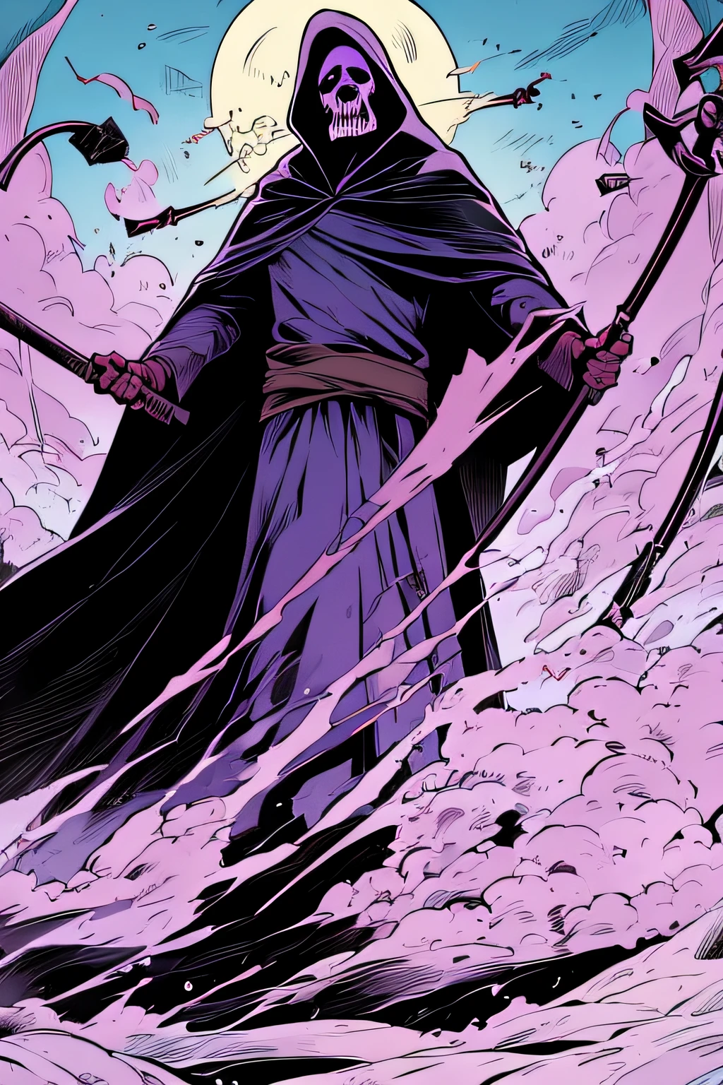 Grim Reaper with a Giant Scythe、Purple costume、In nature、lightning