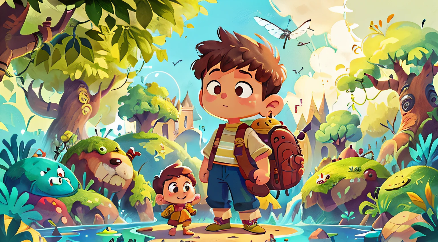 Illustration with a giant boy, e uma menina, the guardian of the Fountain of Joy;, at the entrance of the magic cave.