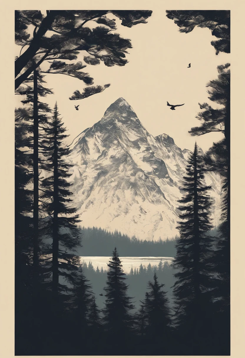 (best quality, realistic detailing),vector,black, silhouette of mountain and tree with birds in the style of adventurecore and free brushwork. The design should showcase a wood texture with realistic detailing, preferably inspired by the Ferrania P30 film. Please ensure that the design does not include any crop mockup text.