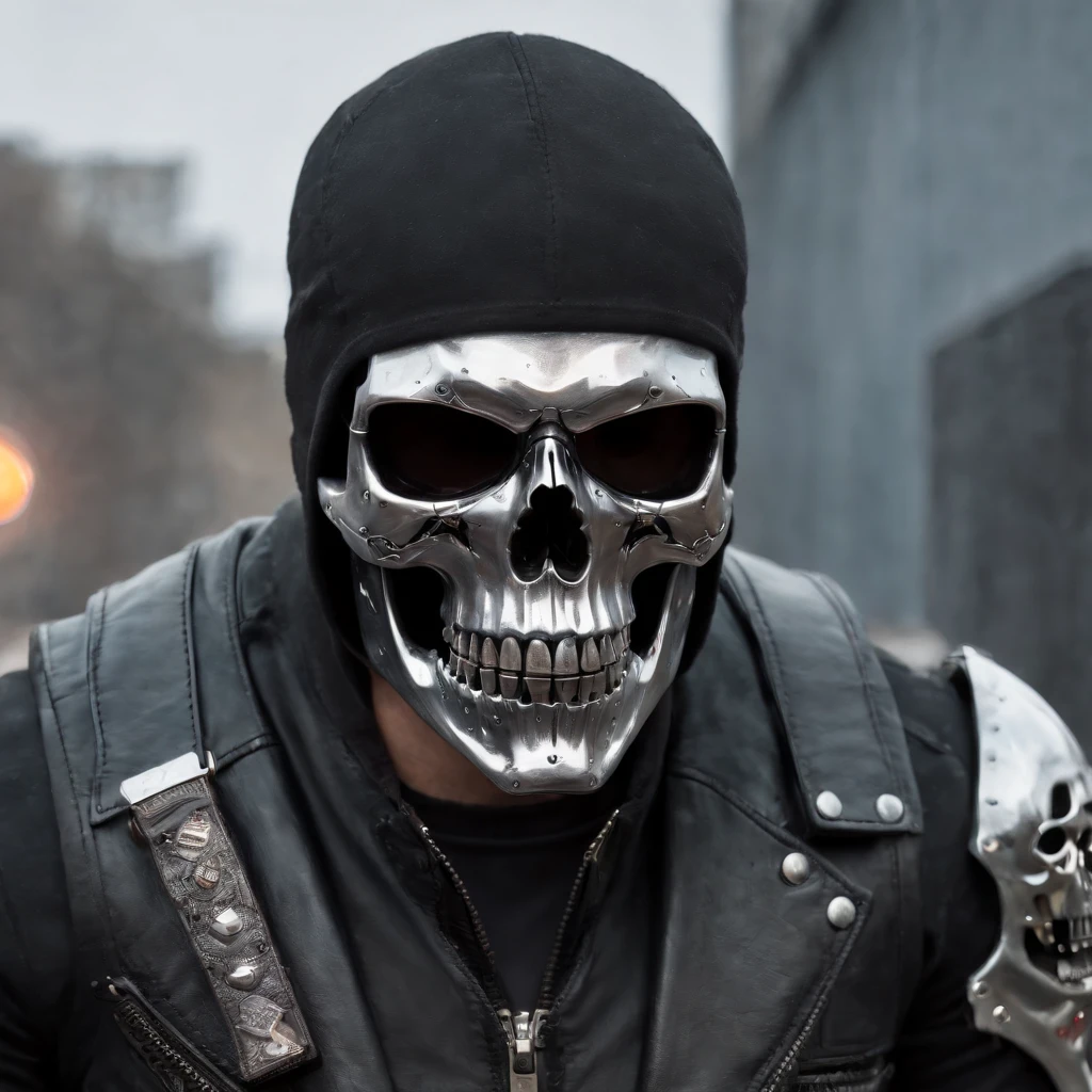 1 main member of the male skull of the Cyberpunk motorcycle gang with LED-illuminated cybernetic prosthetic arms housing retractable concealed weapons and bright white eyes, All black leather and motorcycle vest with embroidered skull badge motorcycle patch engraved on the back, ( folha de caracteres, headpe, back, lado, traseira), Full Shot Full Body Portrait Character Design Schematic Shot, highly reflective chrome skull, Cyberpunk, Head of motorcycle gang member with bright white eyes with detailed illuminated cybernetic arms, Visually illuminated holster appliances wearing black leather and motorcycle vest with embroidered skull motorcycle sticker engraved on the back;. Insanely detailed matte paint with rough strokes and textures, Stephen Gammell, Daheny Pinho, Jeremy Mann, Alex Maleev, carne_Griffiths, 16k resolution, oil on the canvas, belas artes, luz super eficiente, foco nítido, Grain, Approaching perfection, a million details, max quality. (master part: 1.2), (best quality: 1.3).