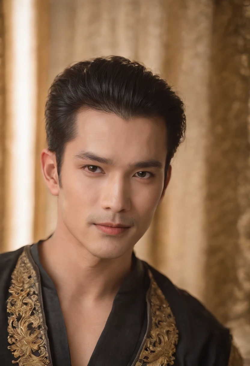 master part, best quality, ao ar livre, Noite, lua cheia, Lakeside, Ramos, 1 Homem, homem maduro, Chinese style, China antiga, cabelos pretos, olhos negros, cabelo bifurcado, cabelos longos, franja longa, Handsome, Handsome, Macho, gentil, alto, calmo, roupas mistas pretas e douradas, gold standard, dragon pattern, prince,
