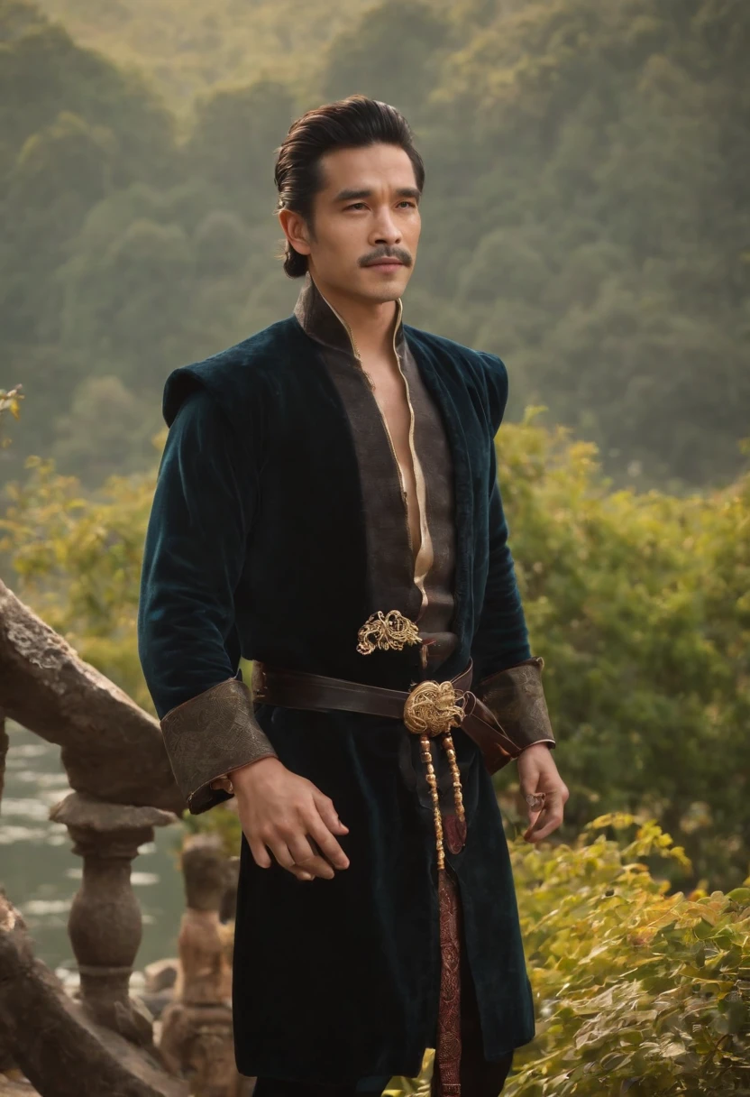 master part, best quality, ao ar livre, Noite, lua cheia, Lakeside, Ramos, 1 Homem, homem maduro, Chinese style, China antiga, cabelos pretos, olhos negros, cabelo bifurcado, cabelos longos, franja longa, Handsome, Handsome, Macho, gentil, alto, calmo, roupas mistas pretas e douradas, gold standard, dragon pattern, prince,