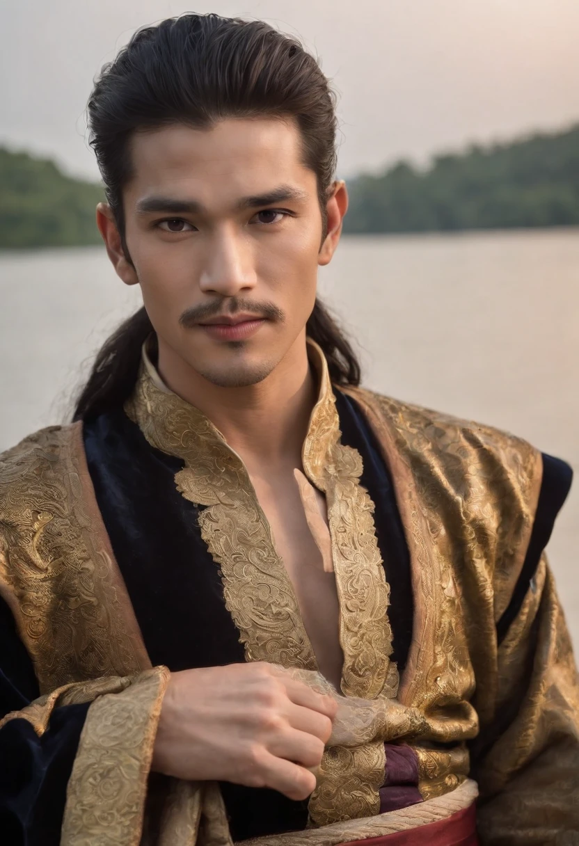 master part, best quality, ao ar livre, Noite, lua cheia, Lakeside, Ramos, 1 Homem, homem maduro, Chinese style, China antiga, cabelos pretos, olhos negros, cabelo bifurcado, cabelos longos, franja longa, Handsome, Handsome, Macho, gentil, alto, calmo, roupas mistas pretas e douradas, gold standard, dragon pattern, prince,