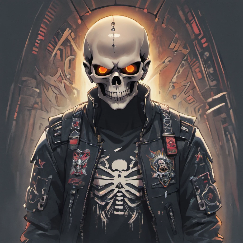1 main member of the male skull of the Cyberpunk motorcycle gang with LED-illuminated cybernetic prosthetic arms housing retractable concealed weapons and bright white eyes, All black leather and motorcycle vest with embroidered skull badge motorcycle patch engraved on the back, ( folha de caracteres, headpe, back, lado, traseira), Full Shot Full Body Portrait Character Design Schematic Shot, highly reflective chrome skull, Cyberpunk, Motorcycle gang member boss with bright white eyes with detailed illuminated cybernetic arms, Visually illuminated holster appliances wearing black leather and motorcycle vest with embroidered skull motorcycle sticker engraved on the back;. Insanely detailed matte paint with rough strokes and textures, Stephen Gammell, Daheny Pinho, Jeremy Mann, Alex Maleev, carne_Griffiths, 16k resolution, oil on the canvas, belas artes, luz super eficiente, foco nítido, Grain, Approaching perfection, a million details, max quality. (master part: 1.2), (best quality: 1.3).