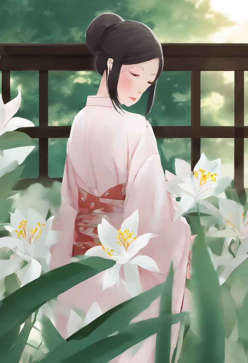 1girl, sozinho, de cima, (white lily flowers), aesthetic, intrincado, best quality, Antecedentes detalhados, Sayaka Miki, (( vestindo um quimono teal estampado:1.2)), (Caminhando no Jardim Zen), Pose casual, texturas detalhadas, Posando, estampa fLoral, Flor do cabelo, ornamento de cabelo, Roupas japonesas, quimono, Obi, ao ar livre, pagode, Petals, (quimono teal), cinta, Sanctuary, heaven, escadas de pedra, Torii, mangas largas, Yukata