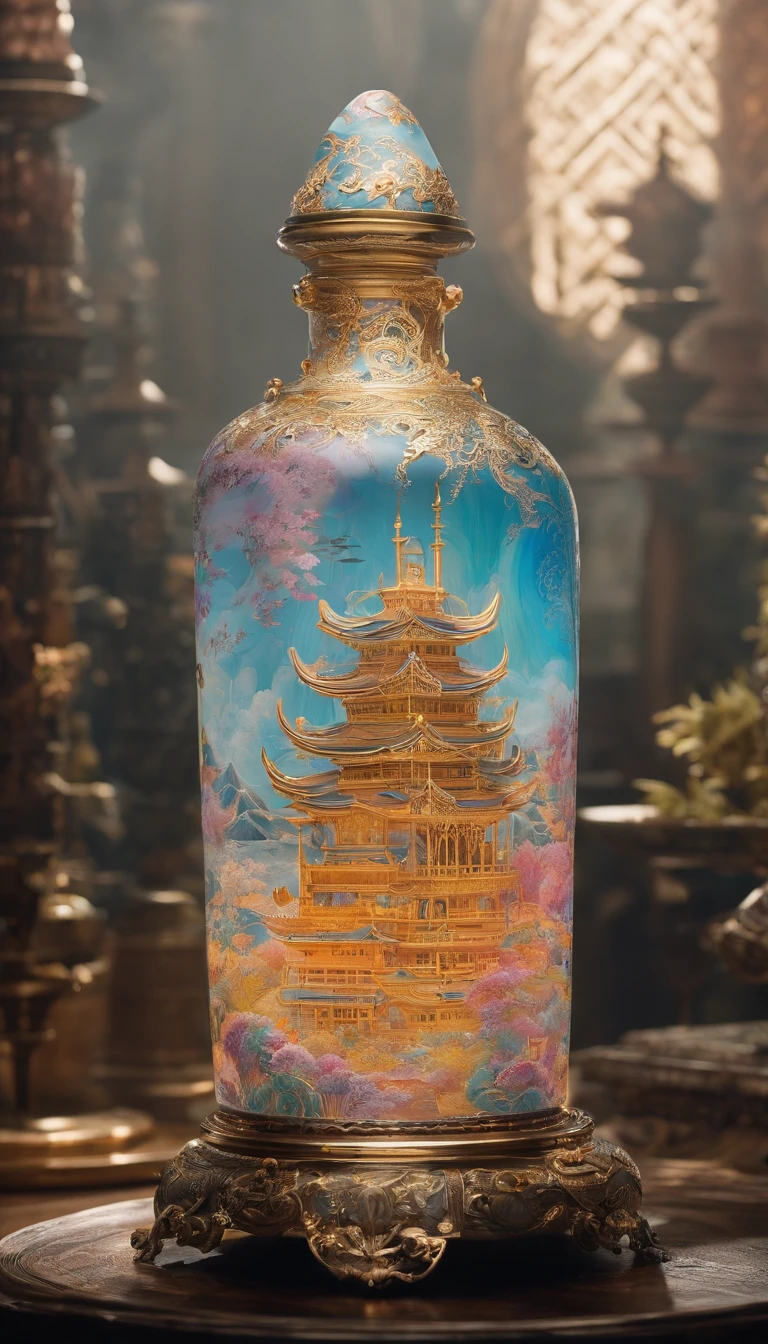 Colorful steampunk transparent landscape embroidery color ink pattern porcelain bottle front panoramic body view,The style of Jingdezhen porcelain,The bottles are embossed and carved into colorful mechanical parts,The main body is made of gold wire windings,Colorful glazes, Photography。Real light and shadow,refractions,Reflection,High light transmittance,lightand shade contrast, High contrast,Extremely dispersed,intricately details,8K rendering,Art Station and Pixiv trends. Epic picture, the wallpaper,Filmquality,Intricate and deep details,Strong sense of three-dimensionality. Created by Giger, Artgerm and Greg Rutkowski, Alphonse Mucha, CGSesociety.
