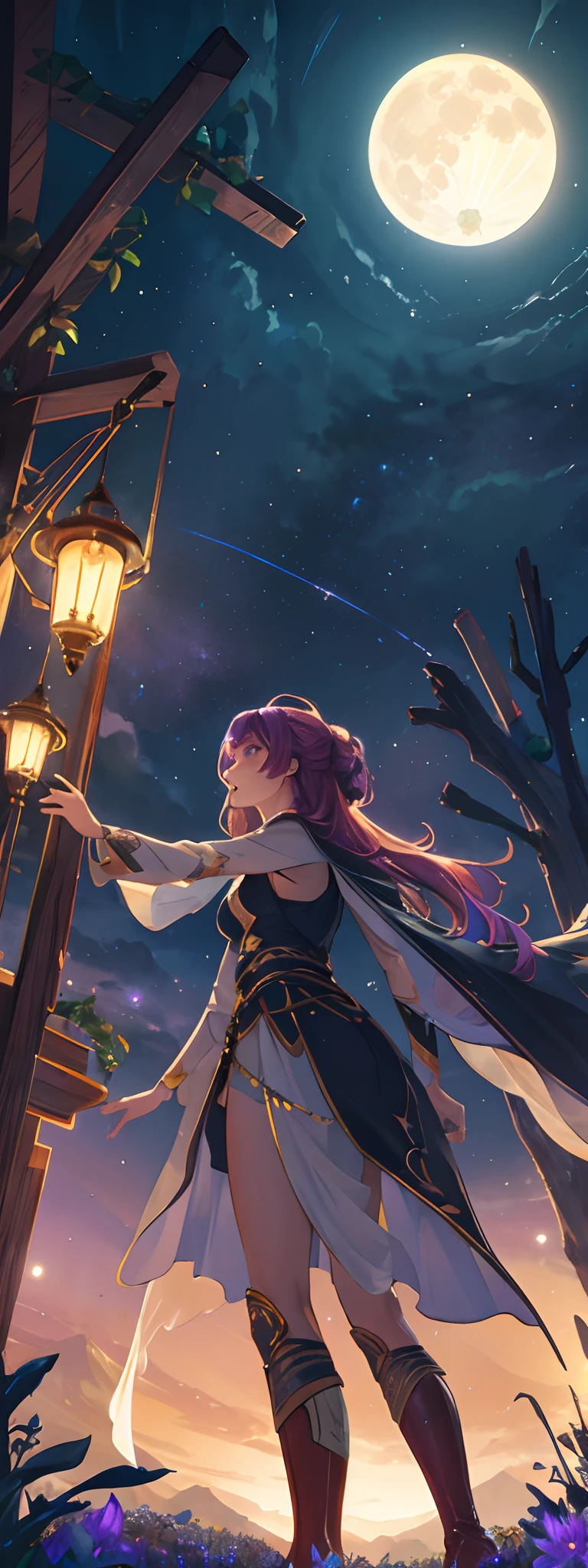 expansive landscape photograph , (a view from below that shows sky above and open field below), a girl standing on flower field looking up, (full moon:1.2), ( shooting stars:0.9), (nebula:1.3), distant mountain, tree BREAK
production art, (warm light source:1.2), (Firefly:1.2), lamp, lot of purple and orange, intricate details, volumetric lighting BREAK
(masterpiece:1.2), (best quality), 4k, ultra-detailed, (dynamic composition:1.4), highly detailed, colorful details,( iridescent colors:1.2), (glowing lighting, atmospheric lighting), dreamy, magical, (solo:1.2)