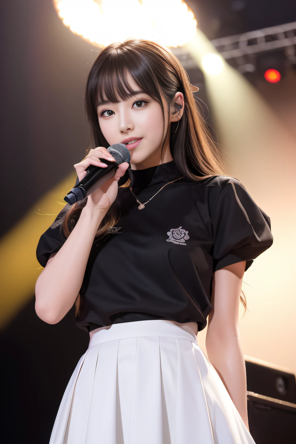 ​masterpiece, top-quality, 8K, absurderes, (The upper part of the body:1.4), Idol stage costumes, flered skirt、Kawaii Girl, Clean face, looking at the viewers, A smile, Hold the microphone and sing、A hyper-realistic, hight resolution, a picture, film grains, chromatic abberation, foco nítido, nffsw, face lights, Dynamic lighting, 电影灯光, Professional Shadows,  (Background of the concert venue:1.4), finely detail, authentic skin, delicated facial features, detailed faces and eyes, Sharp pupils、