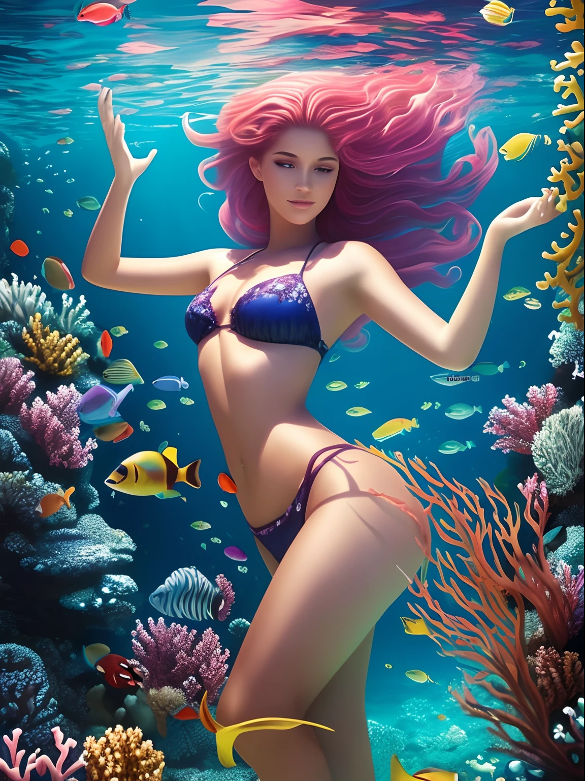 Arte conceitual da vida marinha, Paisagem submarina, vida marinha，Beautiful coral reefs come in different forms, ....3d，, peixe, Animated female digital illustration. Longos cabelos brancos espalhados no mar, deriva, Muito harmonioso. Toda a pintura adota um estilo de pintura imaginativo. Colors are bright and saturated, com bolhas de agua e com linhas suaves. The mystery and beauty of the ocean, The painting depicts an underwater world full of life and vitality, Papel de parede animado 8 K, ..3d