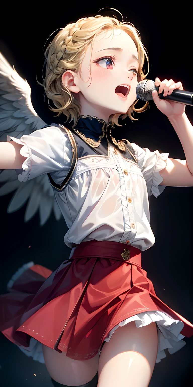 perfect anatomy,super detailed skin,highdetail,best quality,masterpiece,8k,(in 15th century),multiple young girls,yo,short stature,(french braid),pale blonde short hair,wavy hair,(forehead), skirt,(close eyes and sing a song),hymn to the fallen angel, wide_viewer