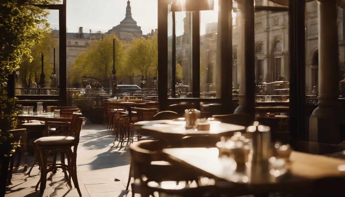 the met,Spring sunshine,early afternoon,Stylish café、outside view