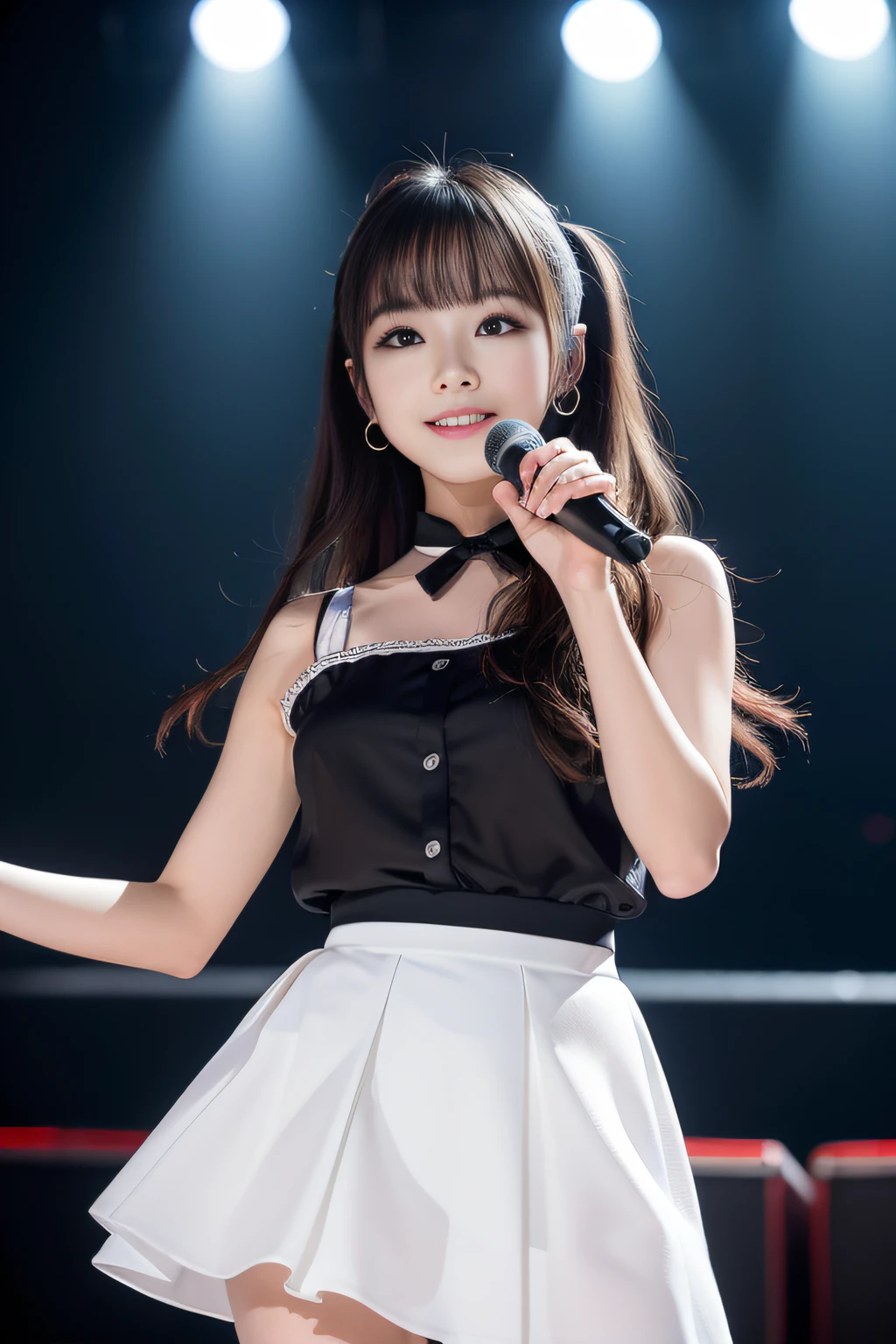 masterpiece, top-quality, 8K, absurderes, (The upper part of the body:1.4), Idol stage costumes, flered skirt、Kawaii Girl, Clean face, looking at the viewers, A smile, Hold the microphone and sing、A hyper-realistic, hight resolution, a picture, film grains, chromatic abberation, foco nítido, nffsw, face lights, Dynamic lighting, 电影灯光, Professional Shadows, (Background of the concert venue:1.4), finely detail, authentic skin, delicated facial features, detailed faces and eyes, Sharp pupils、